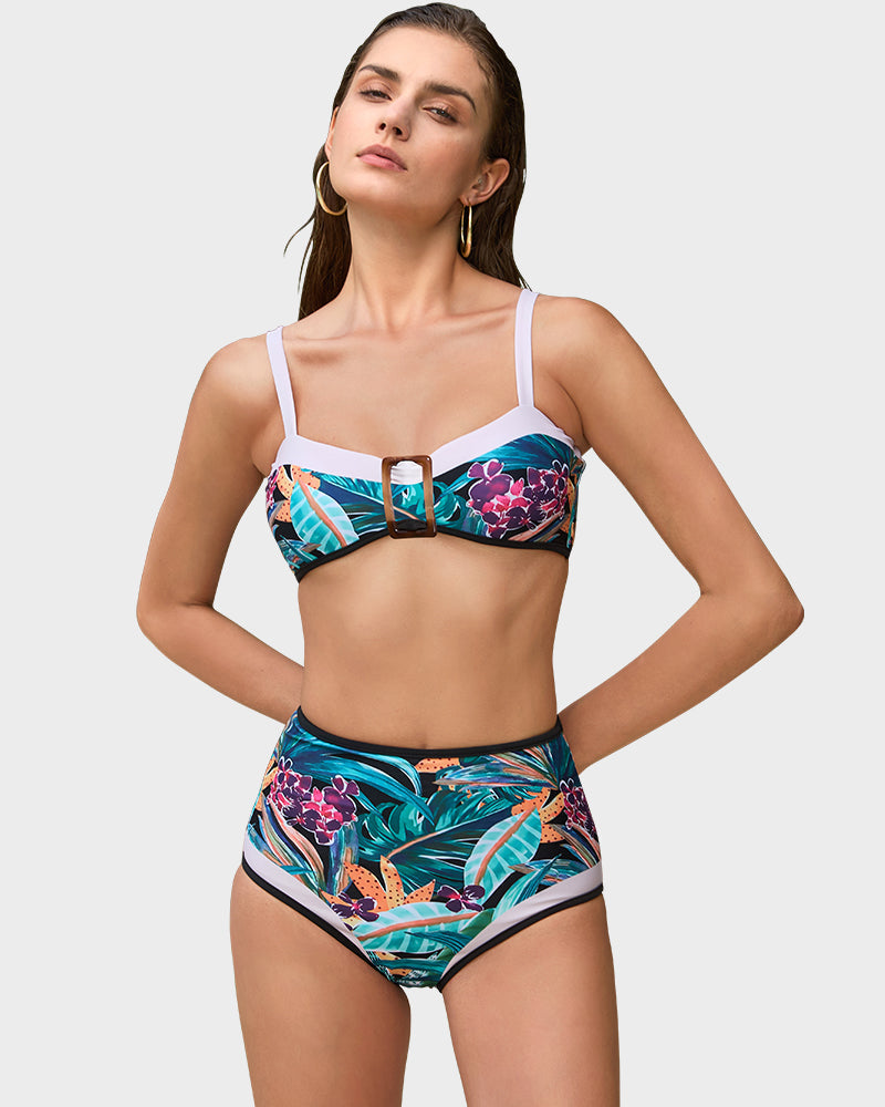 Şık Yüksek Bel Çiçek Desenli Bikini Takımı
