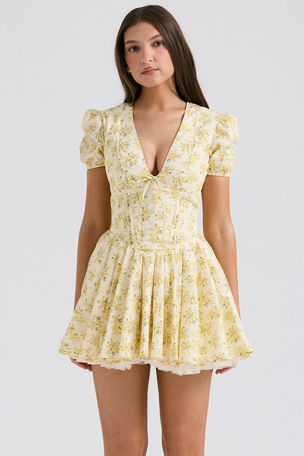 Imani Buttercup Vintage Çiçek Desenli Pileli Pamuklu Mini Elbise