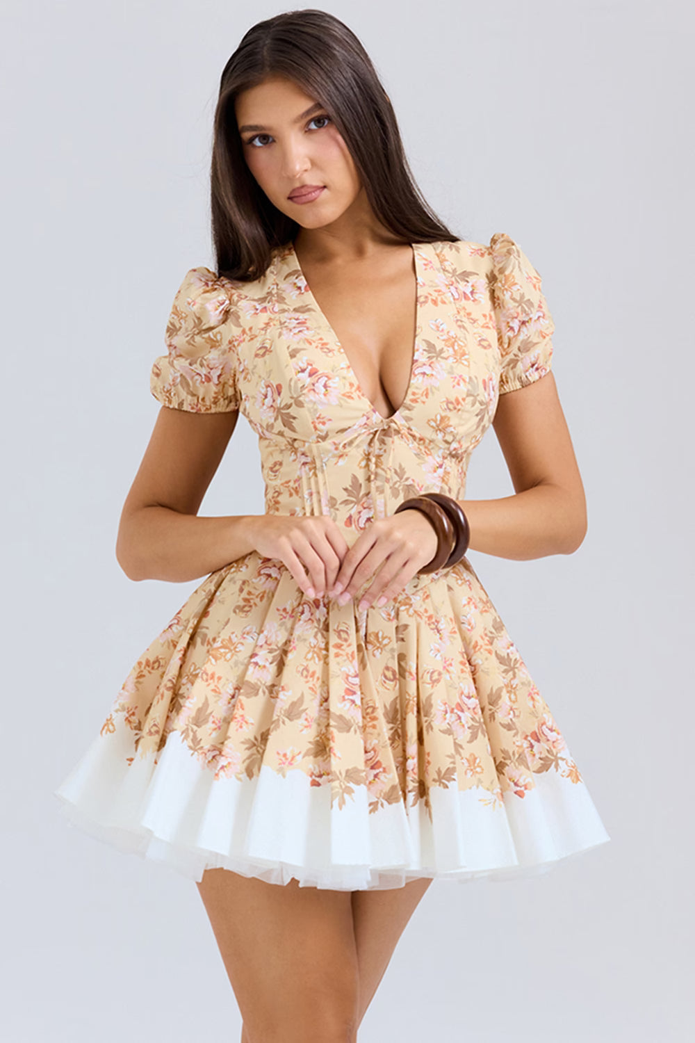 Imani Buttercup Vintage Çiçek Desenli Pileli Pamuklu Mini Elbise