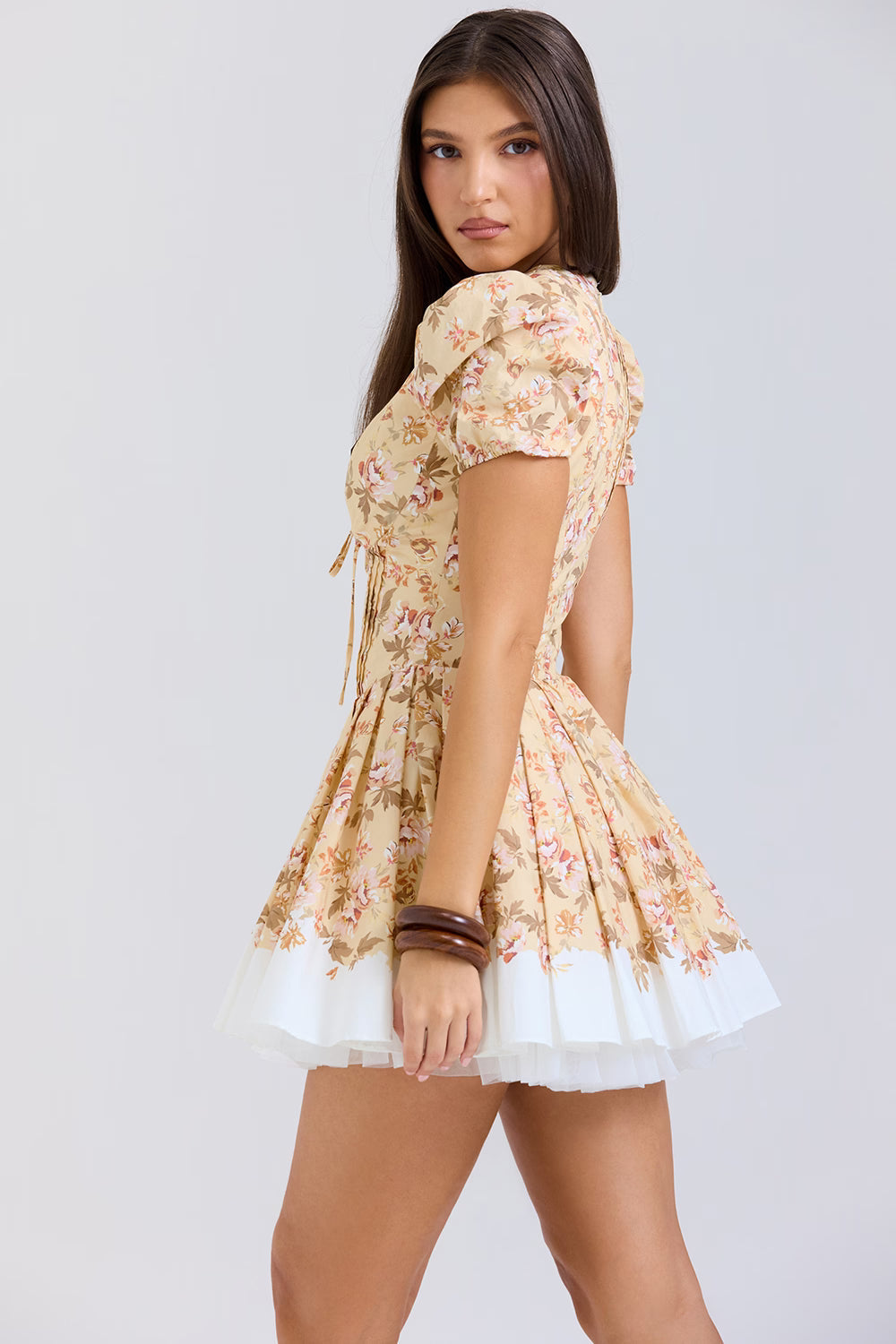 Imani Buttercup Vintage Çiçek Desenli Pileli Pamuklu Mini Elbise