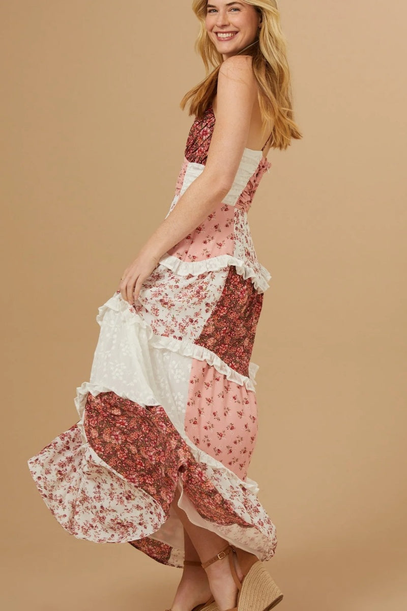 Patchwork Çiçekli Uzun Elbise