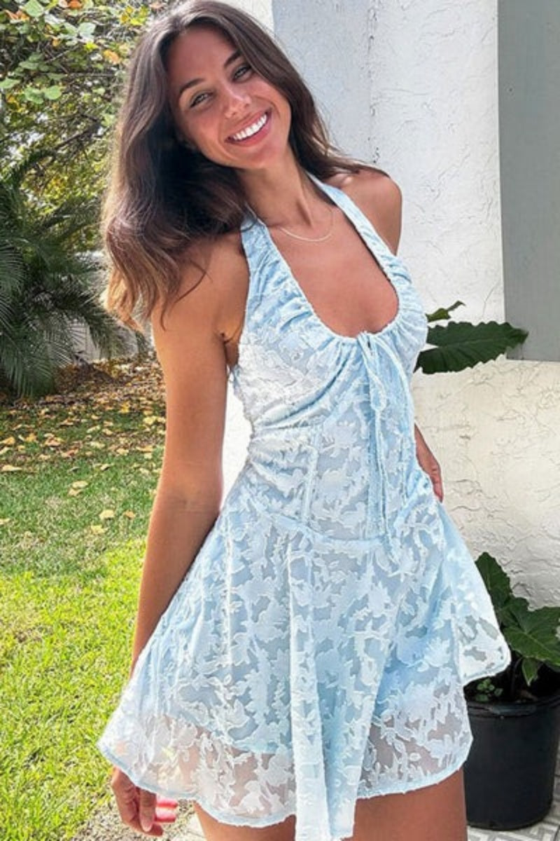 Breezy Halter Papyon Düşük Bel Jakarlı Tatil Çiçekli Mini Elbisesi