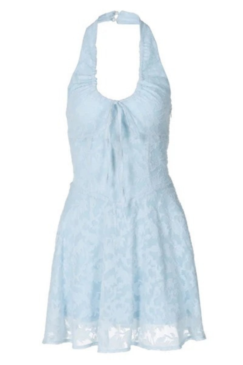 Breezy Halter Papyon Düşük Bel Jakarlı Tatil Çiçekli Mini Elbisesi
