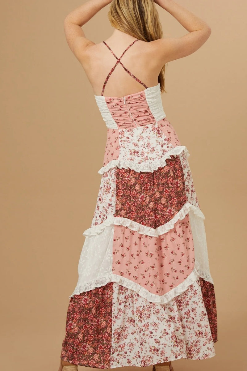 Patchwork Çiçekli Uzun Elbise