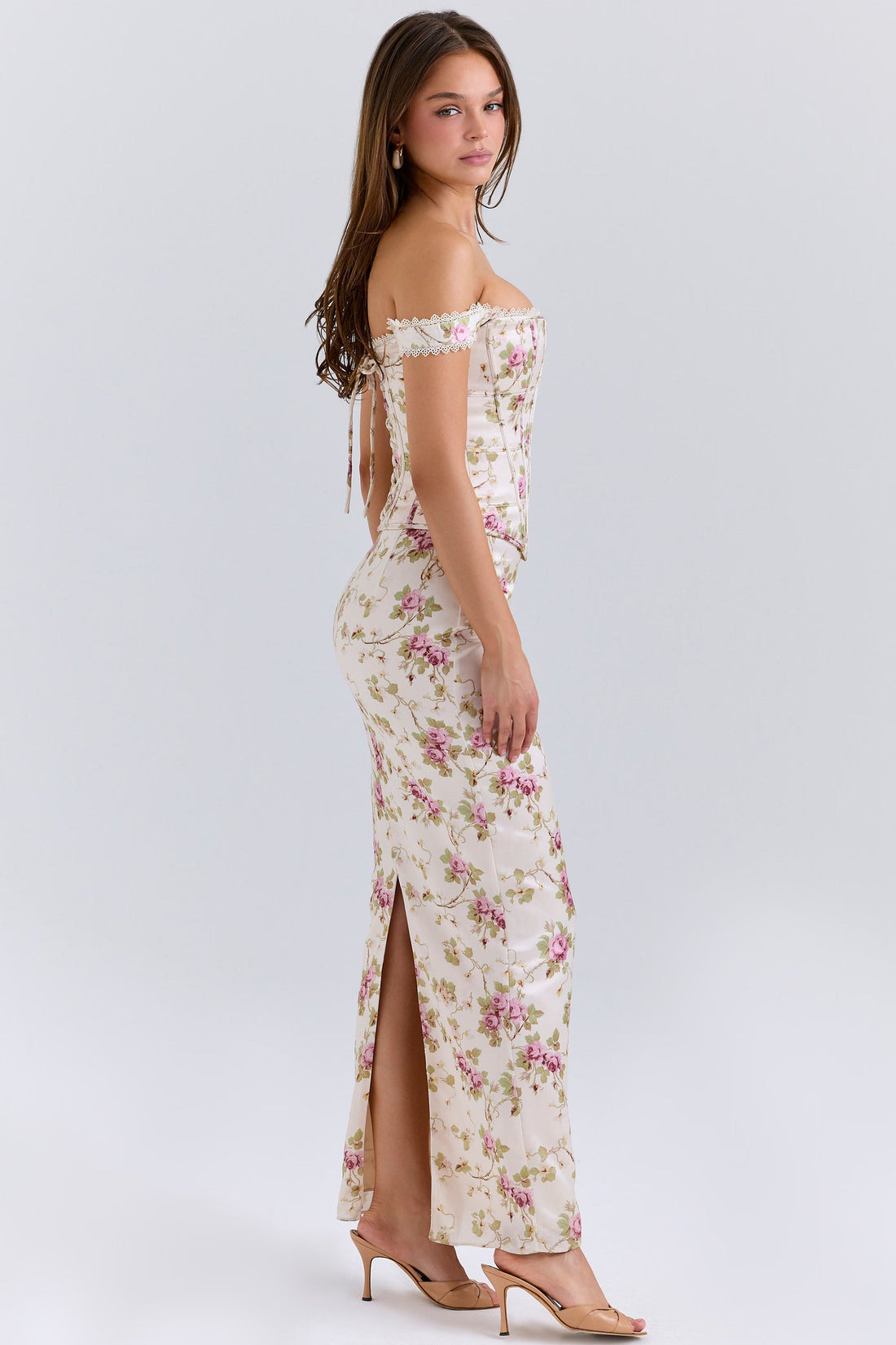 Vintage Krem Çiçek Desenli Korse Maxi Elbise