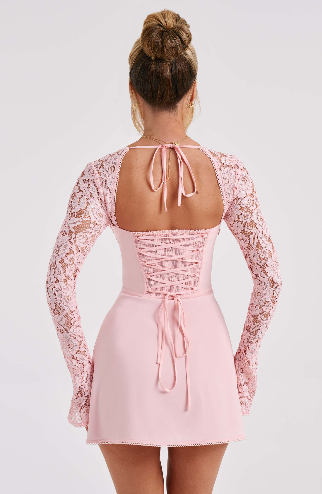 Pembe Dantel Kollu Mini Elbise
