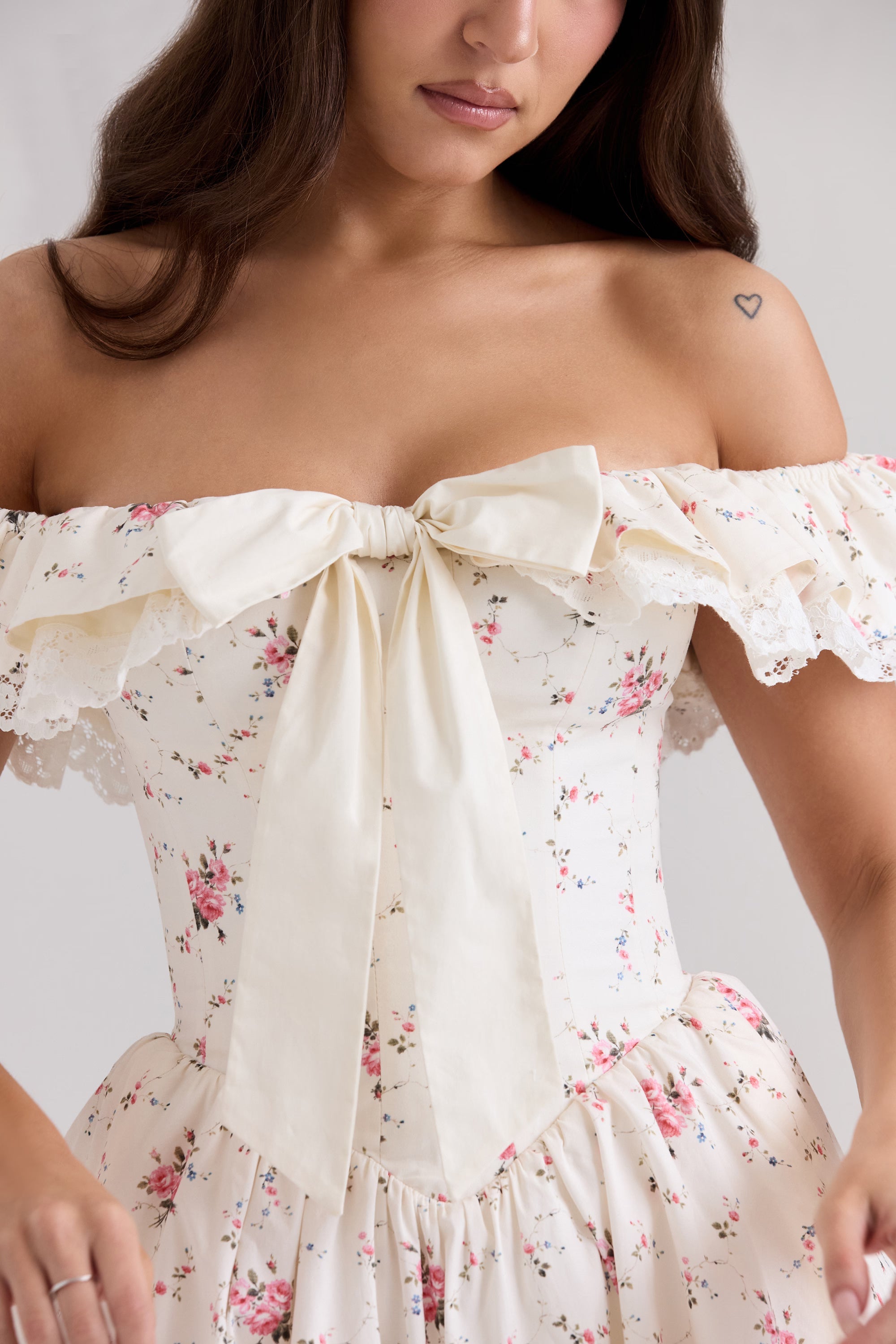 Jaide Stretch Pamuklu Çiçek Desenli Omuz Açık Mini Korse