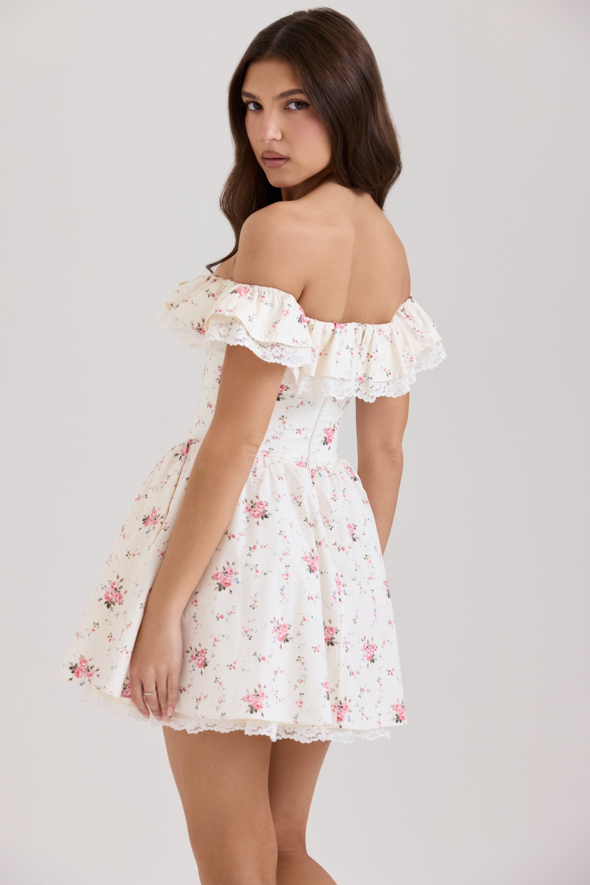 Jaide Stretch Pamuklu Çiçek Desenli Omuz Açık Mini Korse