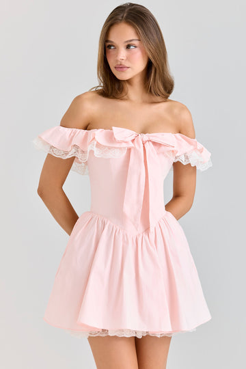 Pembe Streç Pamuklu Omuzdan Askılı Korse Mini Elbise