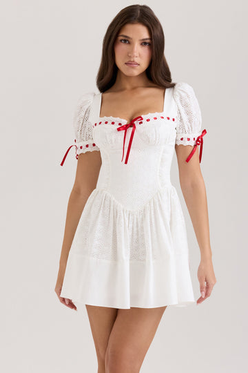 Jana Beyaz Broderie Anglaise Puf Kol Mini Elbise