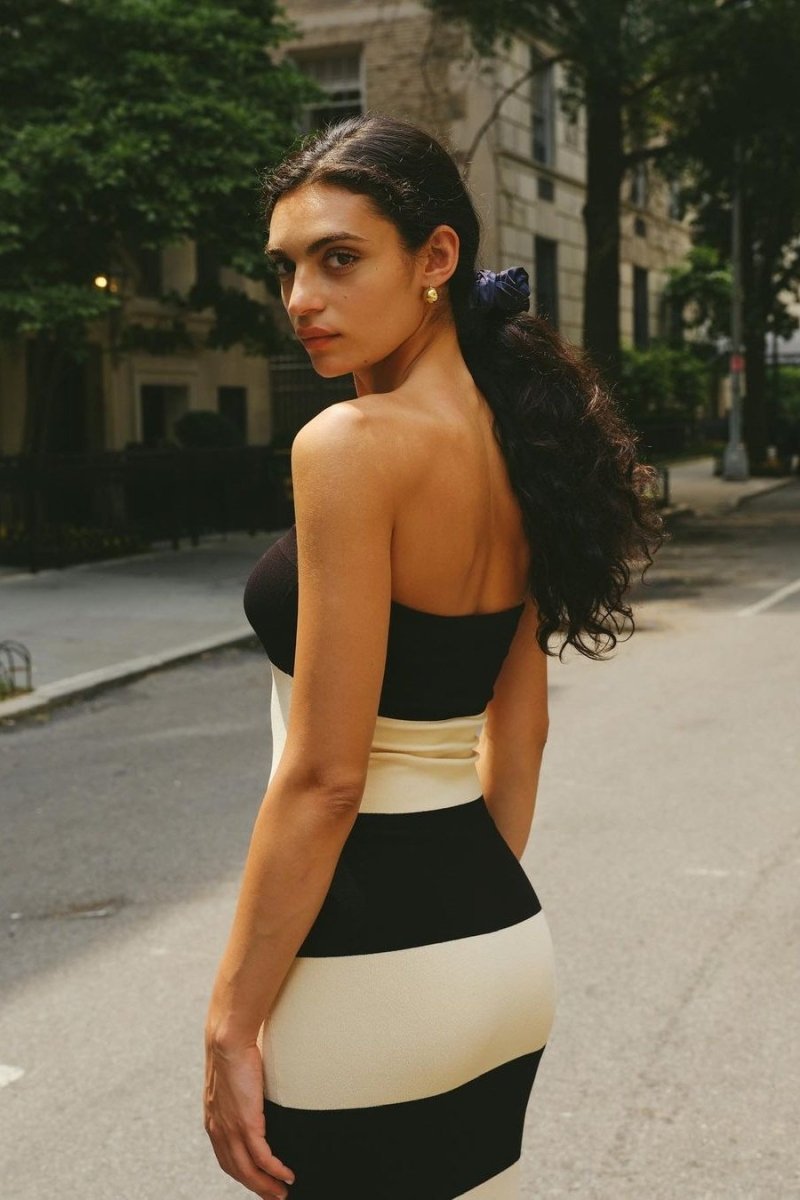 Joanne Askısız Çizgili Midi Örgü Elbise