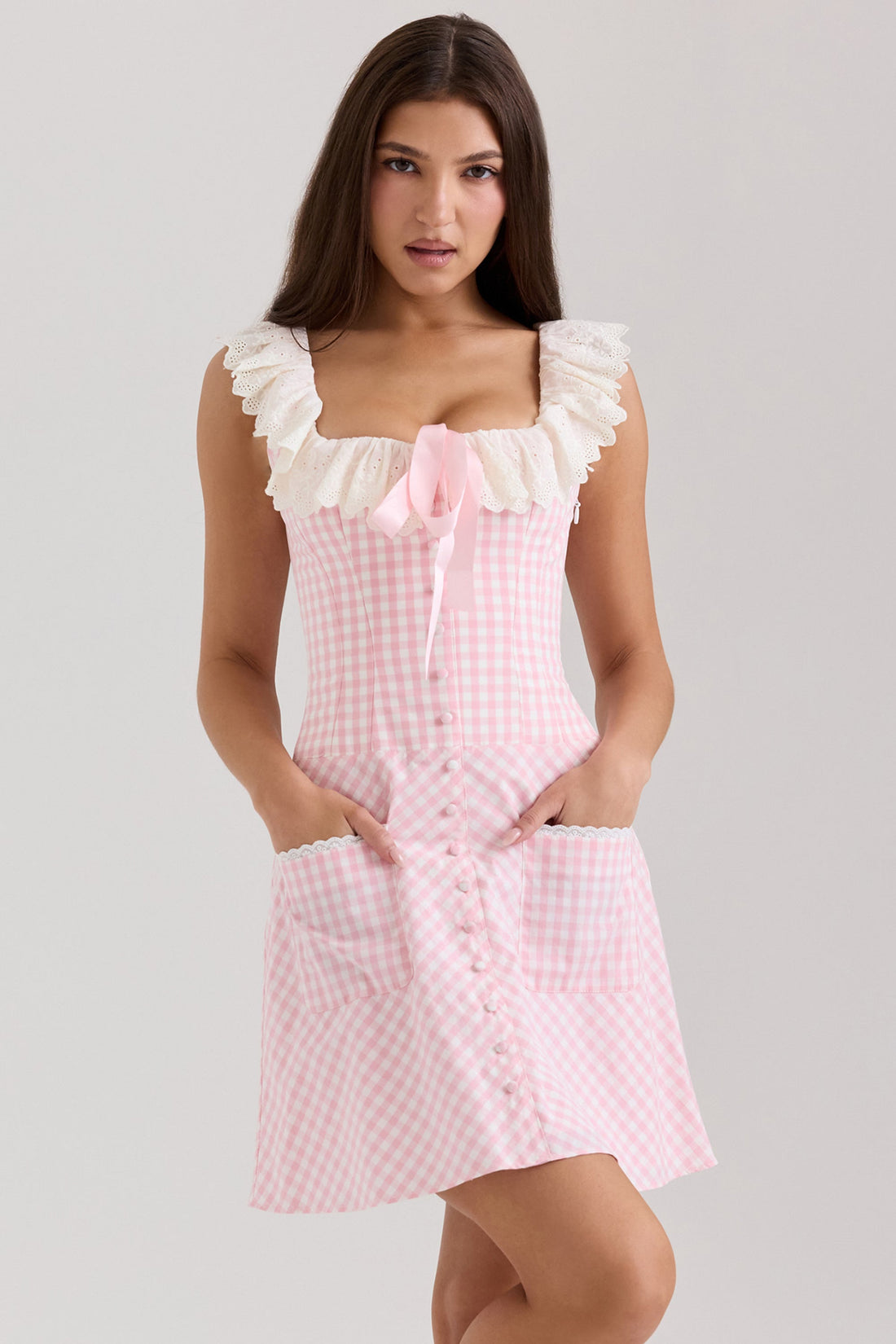 Astra Pembe Gingham Pamuklu Volan Yaka Mini Elbise