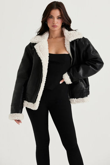 Madden Siyah Vegan Shearling Aviator Mont