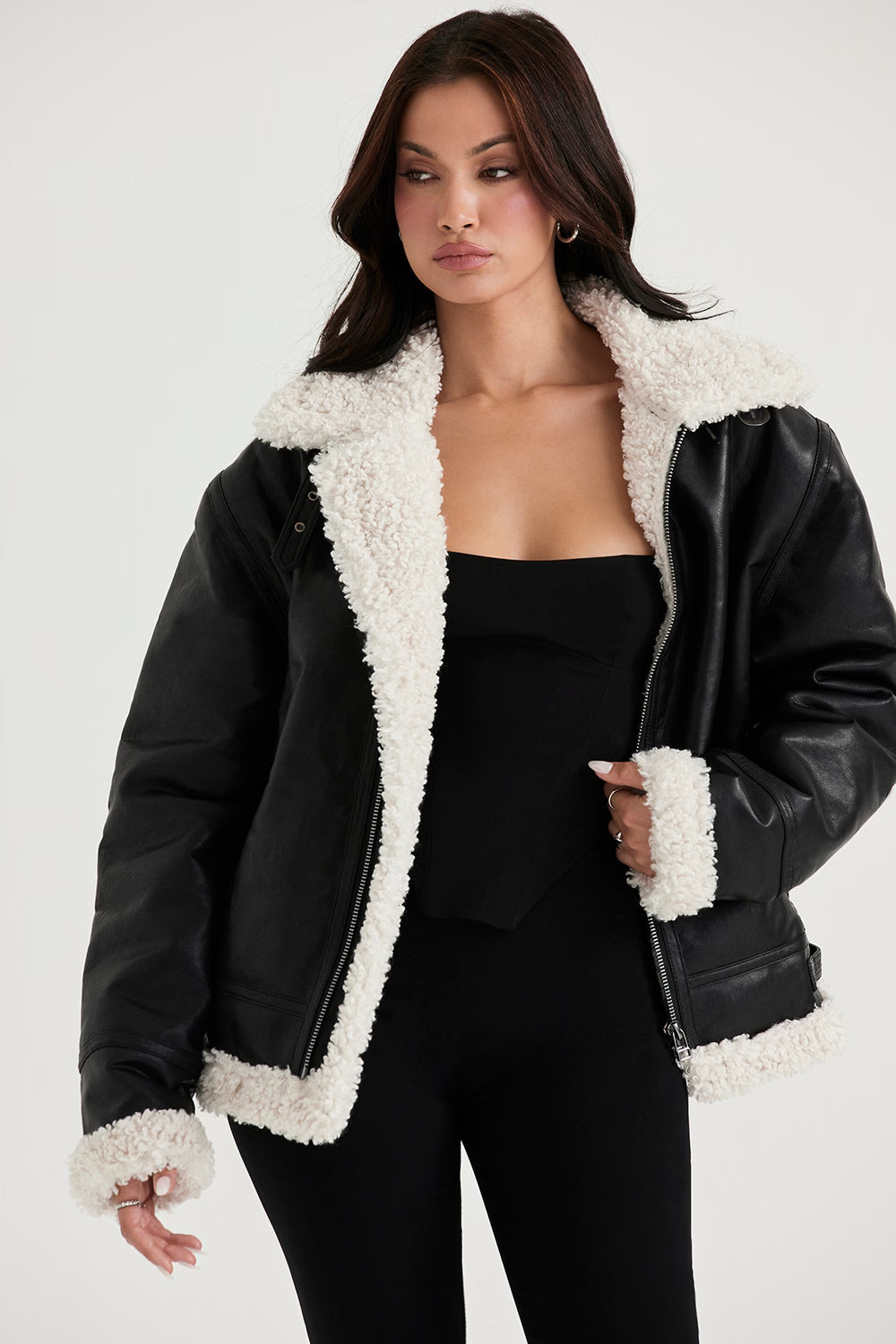 Madden Siyah Vegan Shearling Aviator Mont