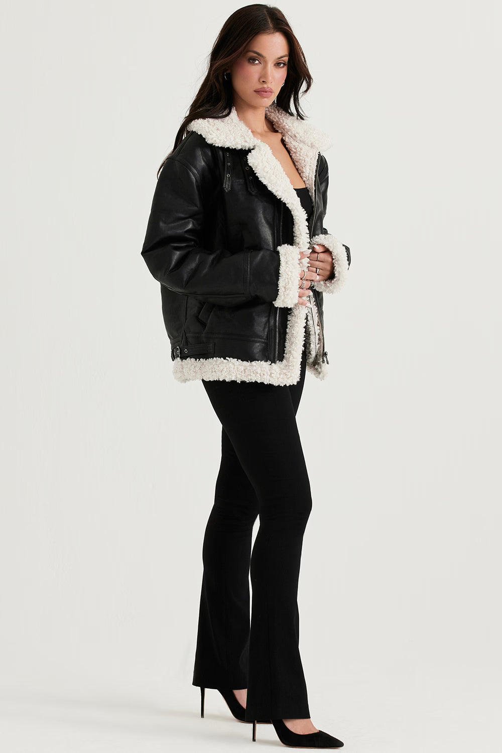Madden Siyah Vegan Shearling Aviator Mont