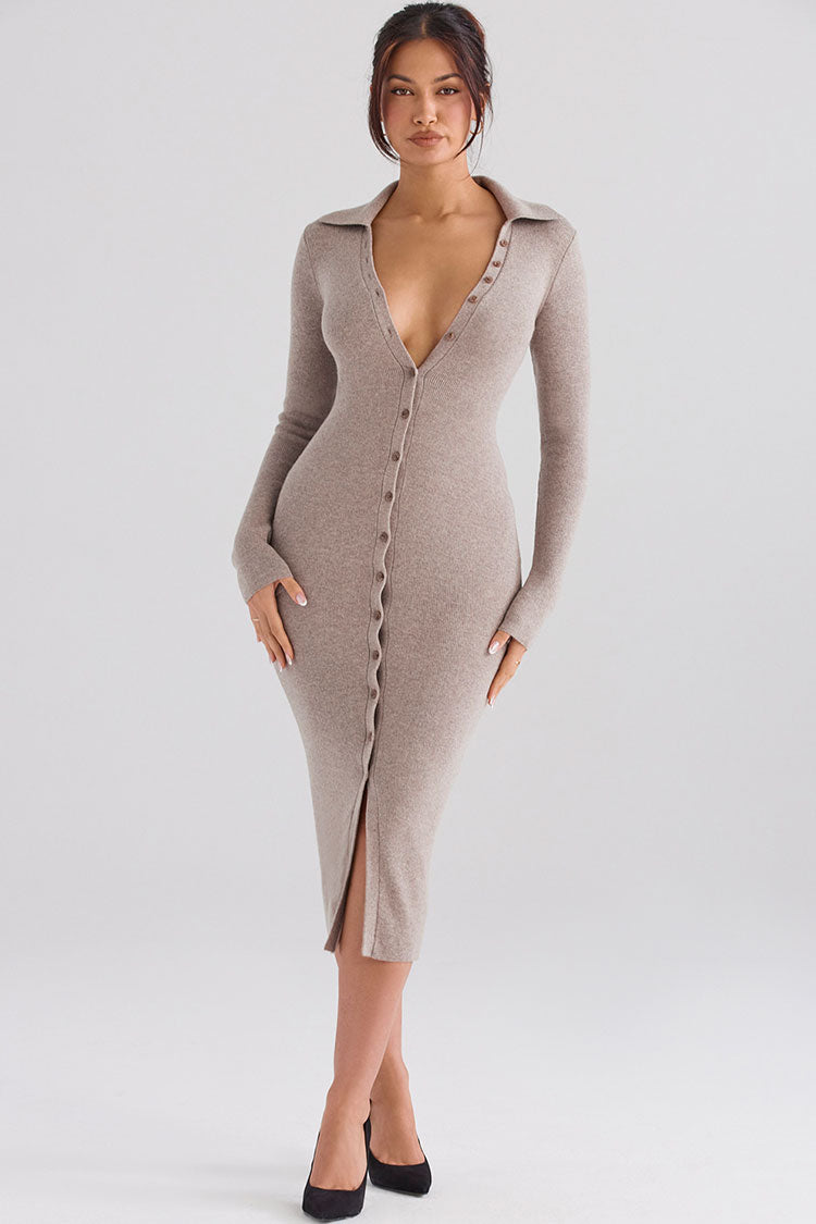 Collared Long-Sleeved Ribbed Knit Midi Dress – ALİSORA