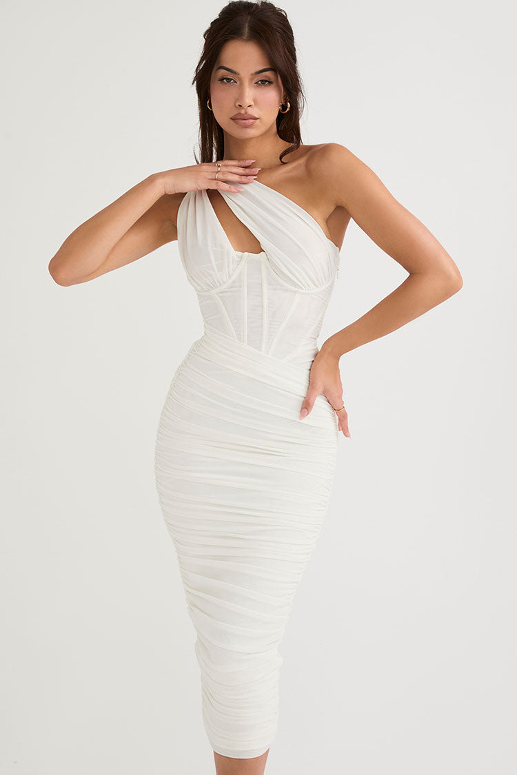 white ruched corset dress Ruched Corset Wrap Maxi Dress in White 12