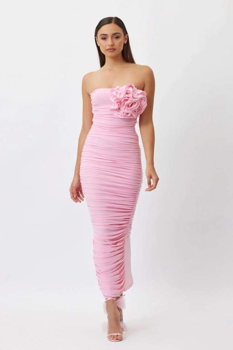 Tina Flower Straplez Midi Elbise