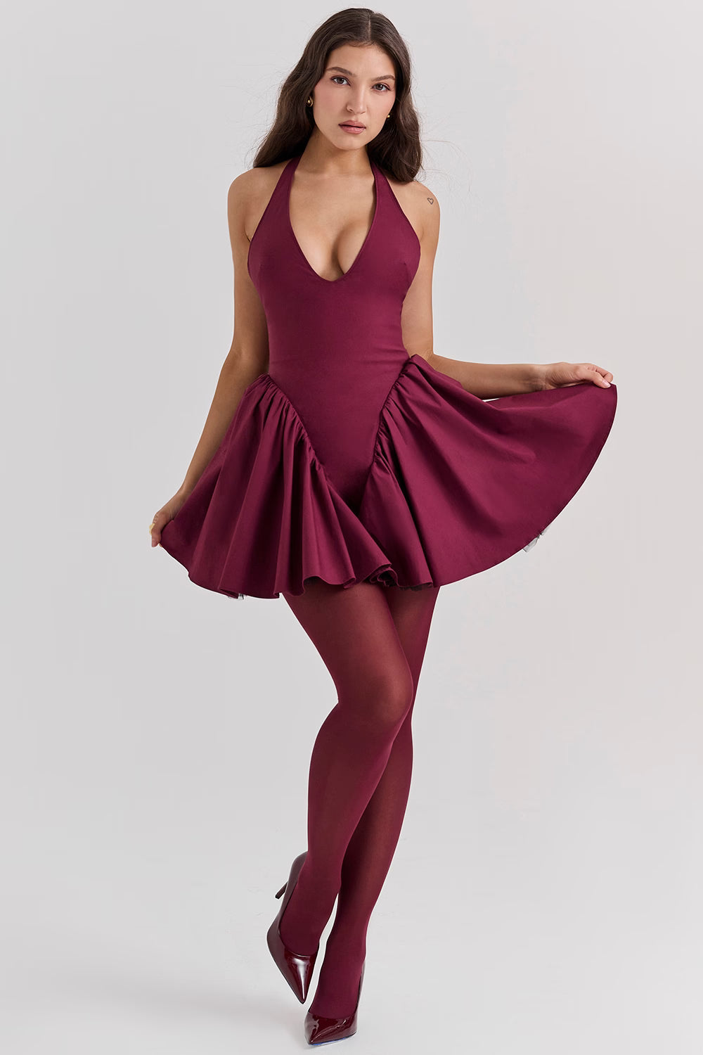 Valentia Şarap Halter Mini Elbise