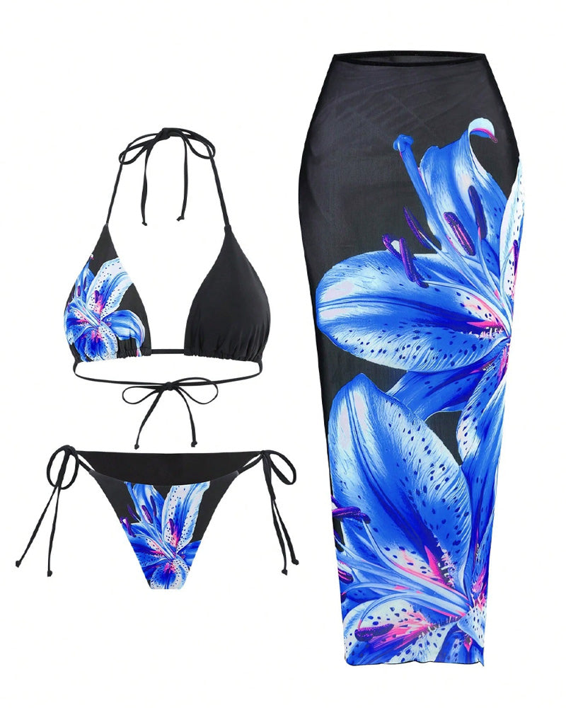 Çiçek Desenli Halter Kravat Sırtlı Bikini-Pareo
