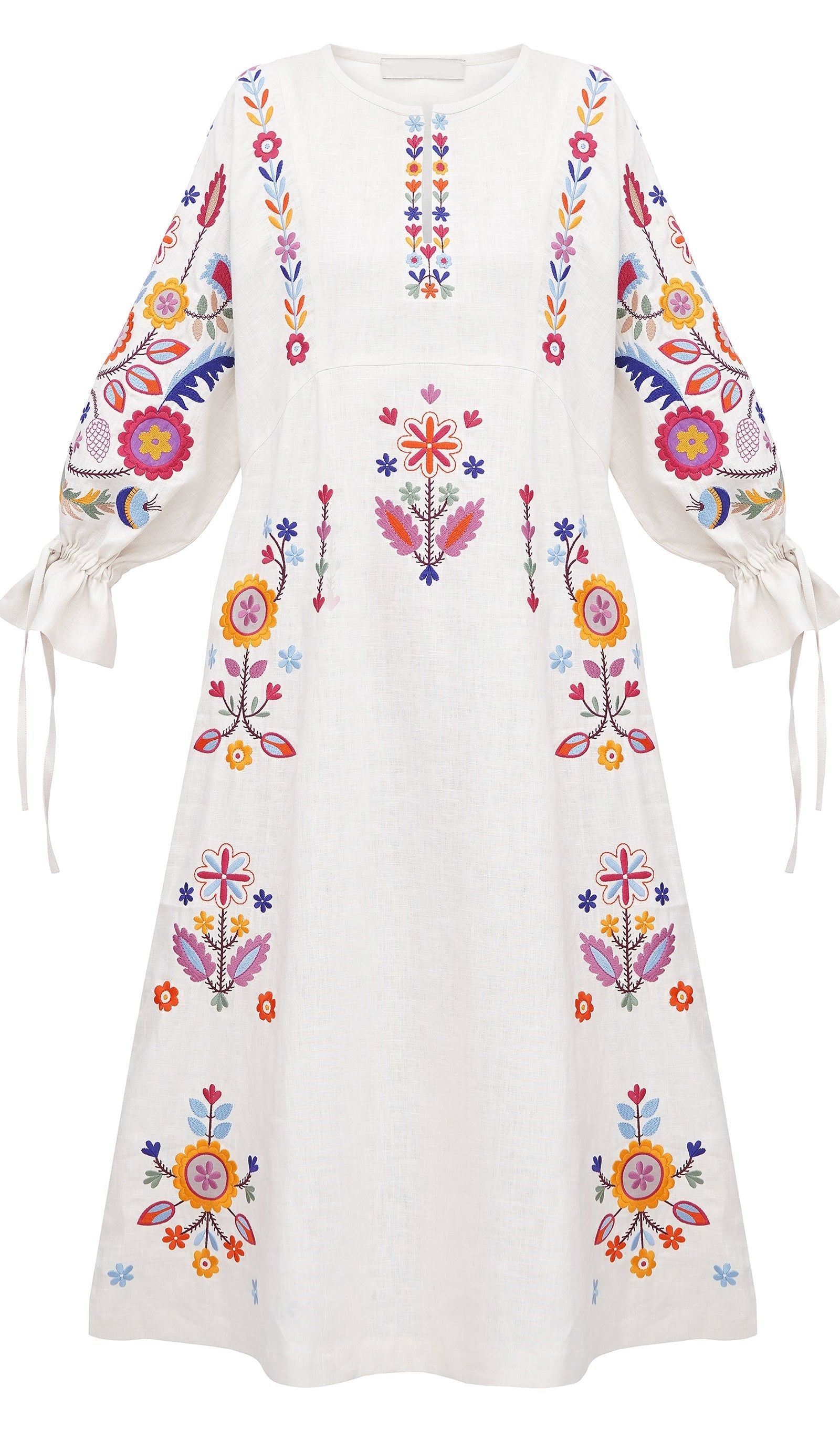 White Linen Midi Dress with Floral Embroidery