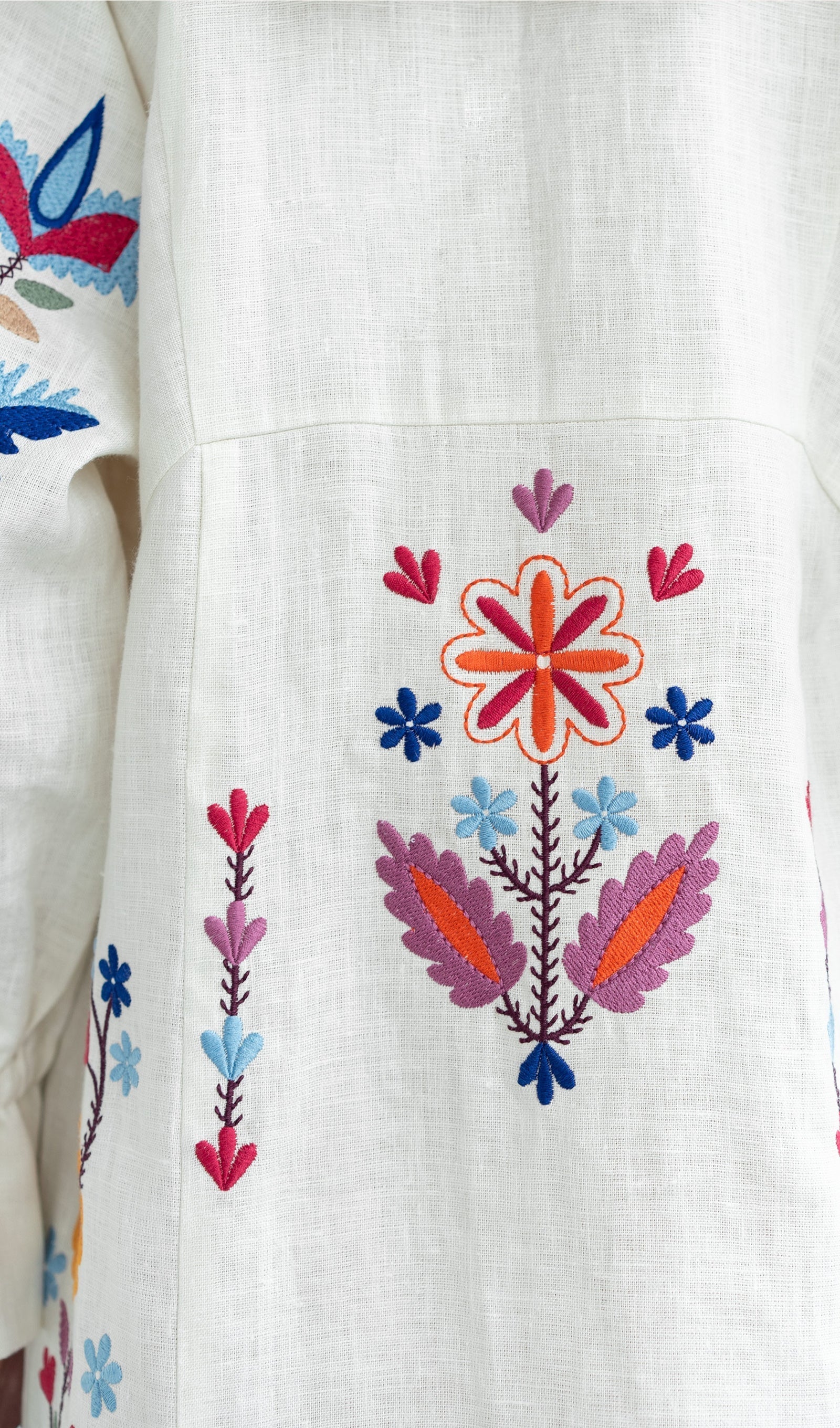 White Linen Midi Dress with Floral Embroidery