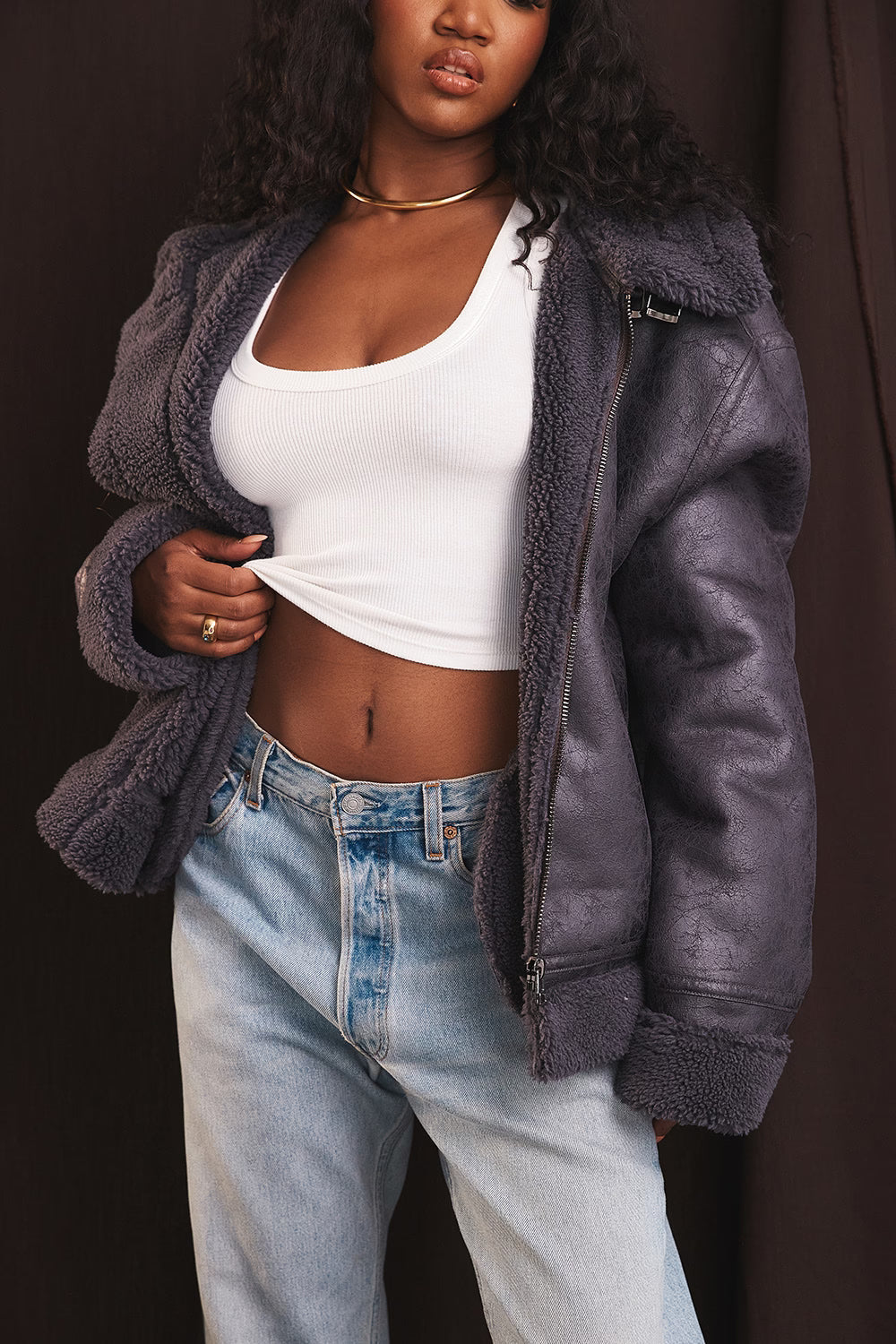 Madden Gri Vegan Shearling Aviator Mont