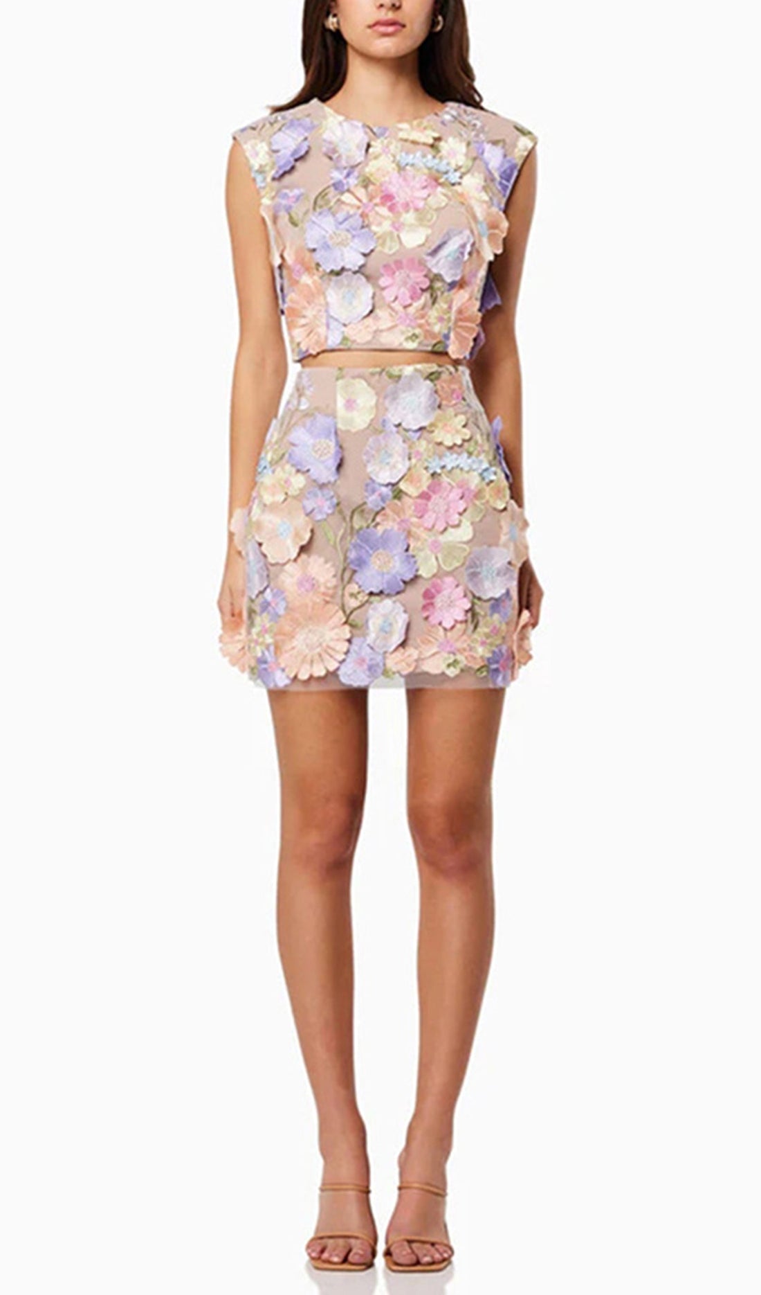 Two-Piece Embroidered Floral Mini Skirt and Top Set