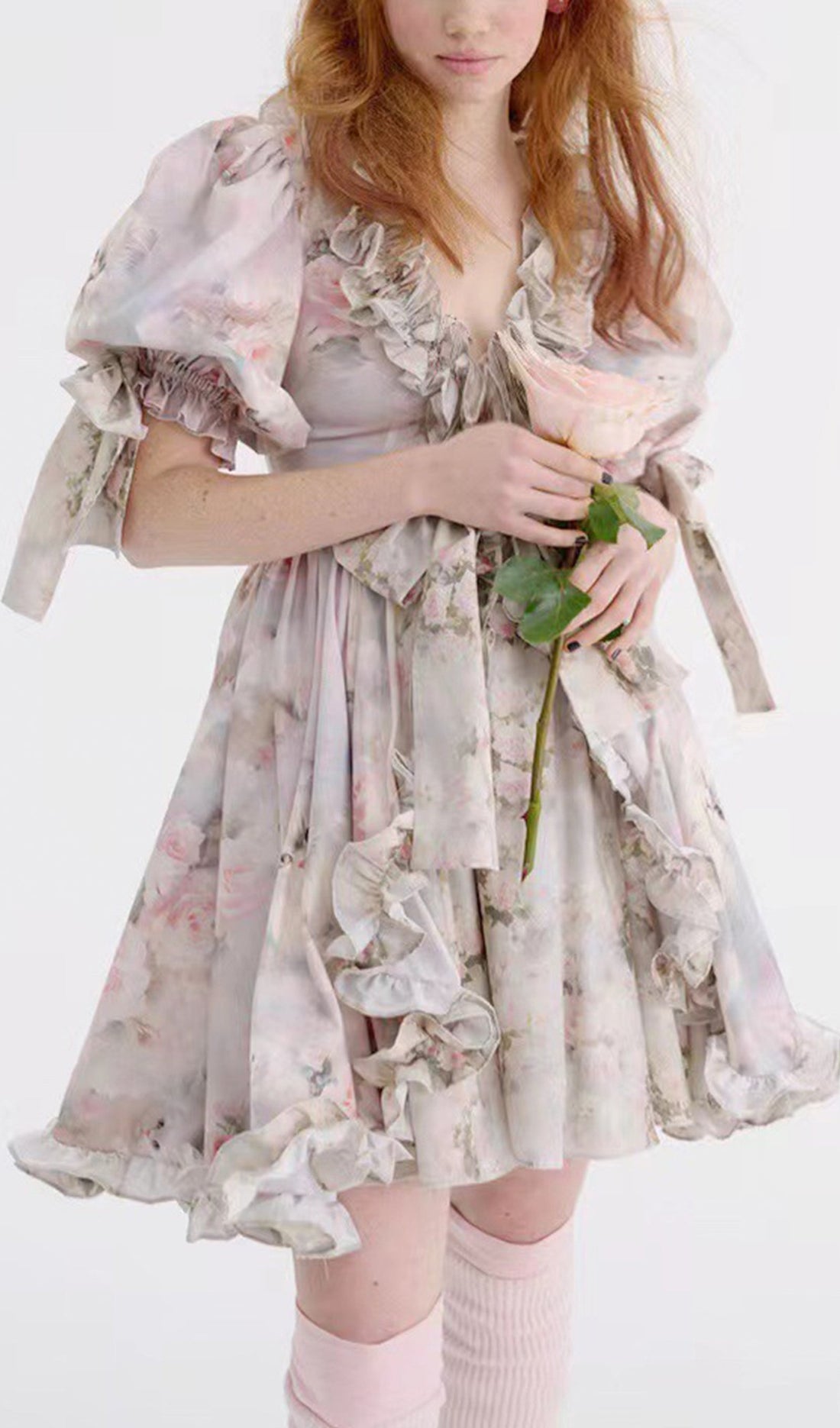 Floral Ruffled Tie Strap Fitted and Flare Mini Dress