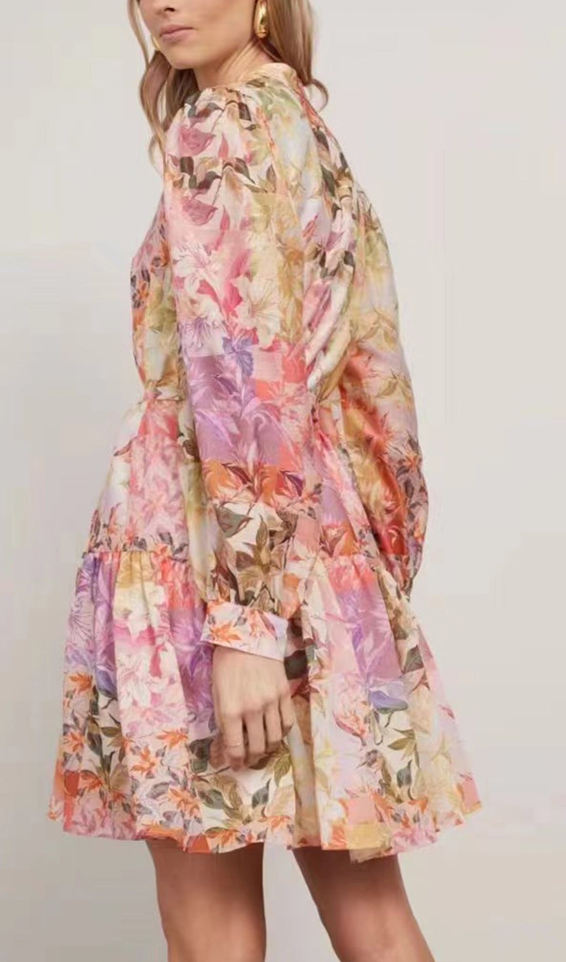 Long-Sleeved Floral Buttoned Mini Dress