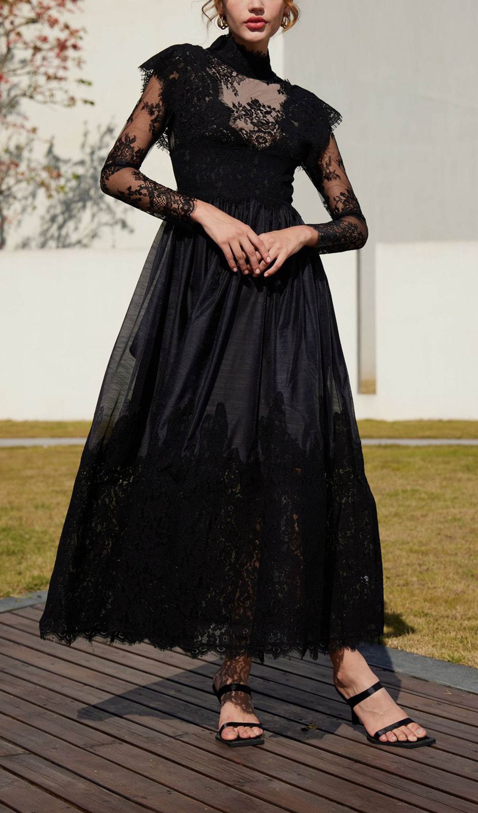 Long Sleeve Lace Fitted and Flare Midi Dress Black