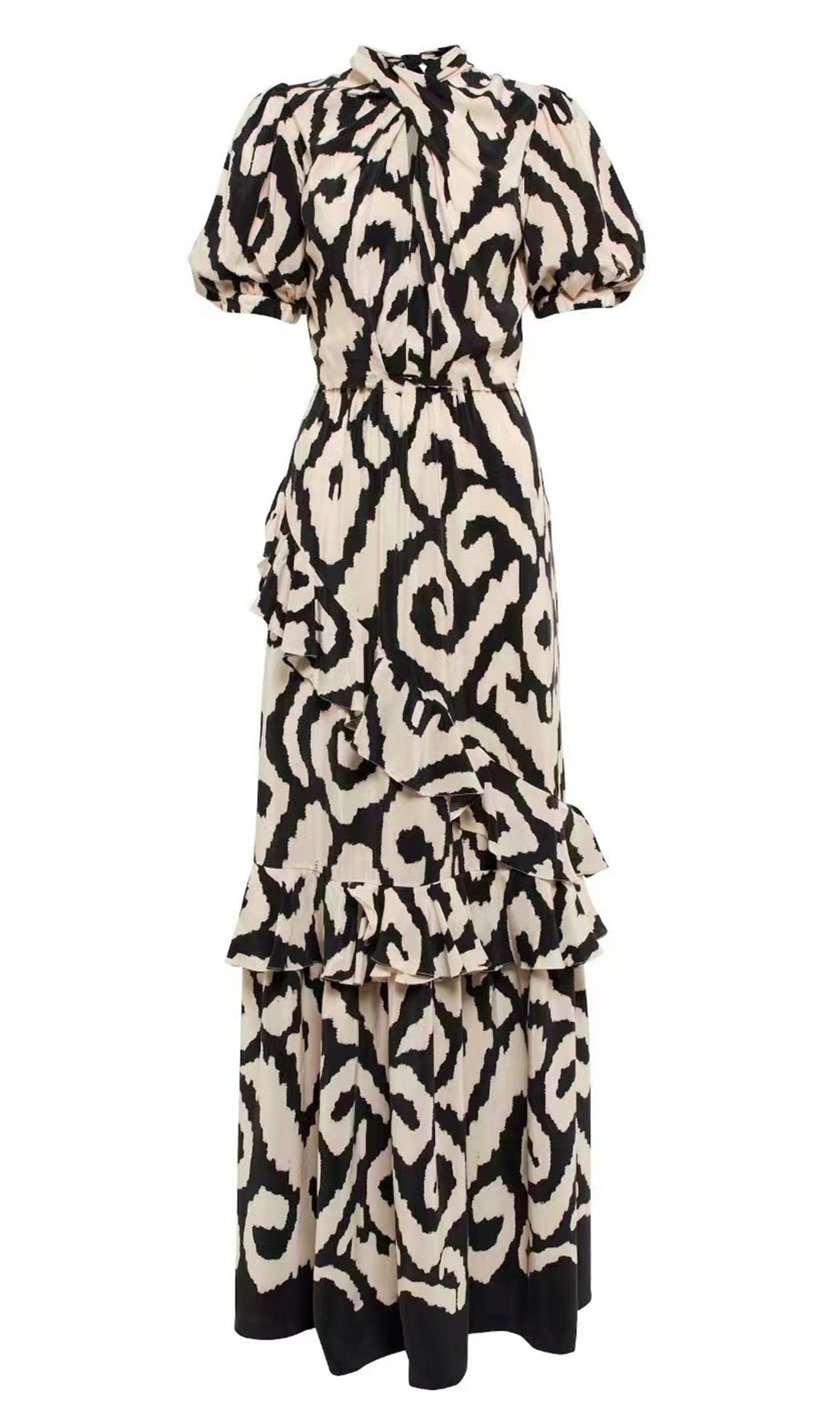Kurzärmeliges, figurbetontes Maxikleid mit Rüschen und ausgestelltem Rock