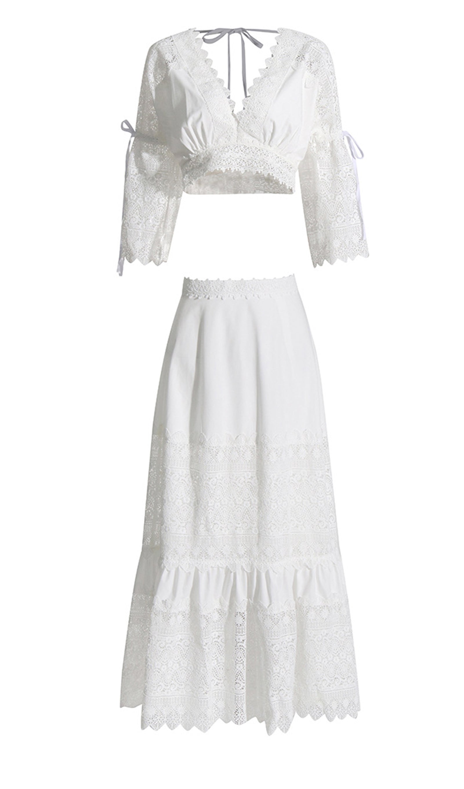 Two-Piece Crochet Maxi Skirt and Top Set in White