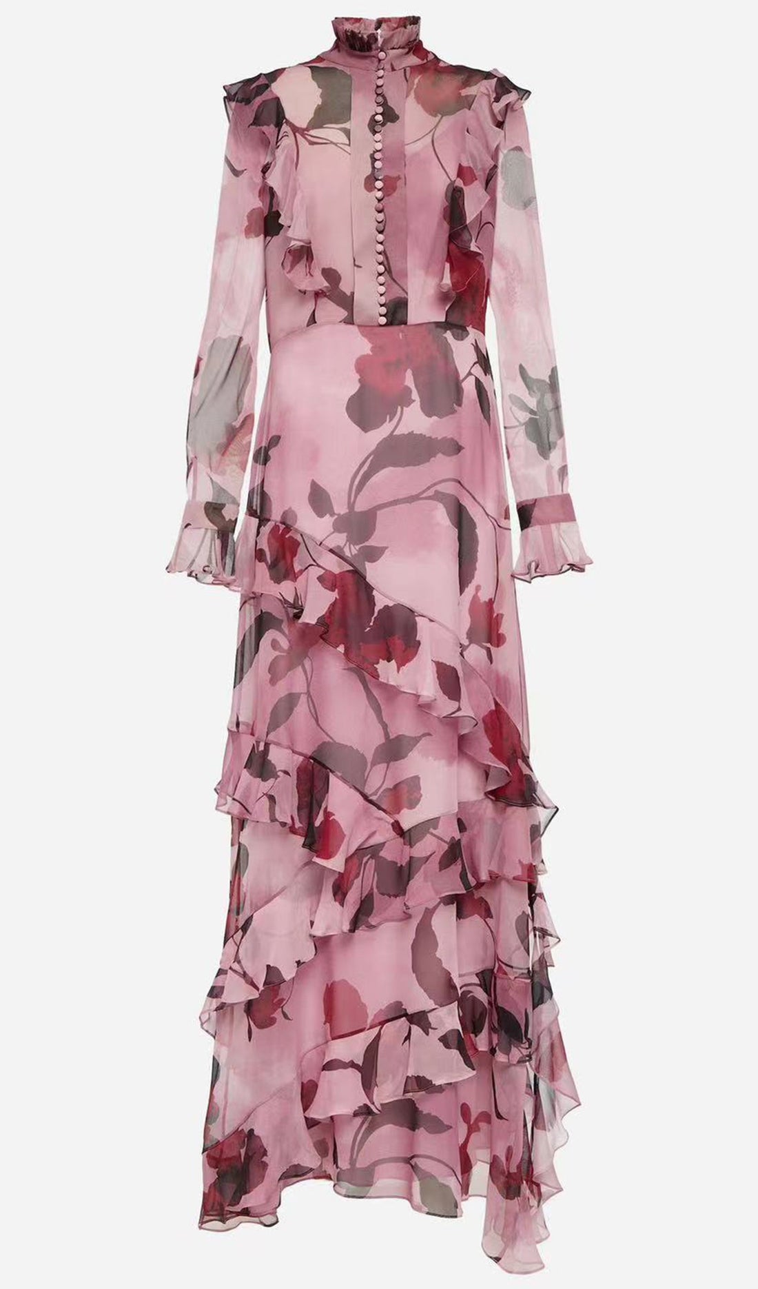 Geblümtes, langärmeliges Rüschen-Maxikleid