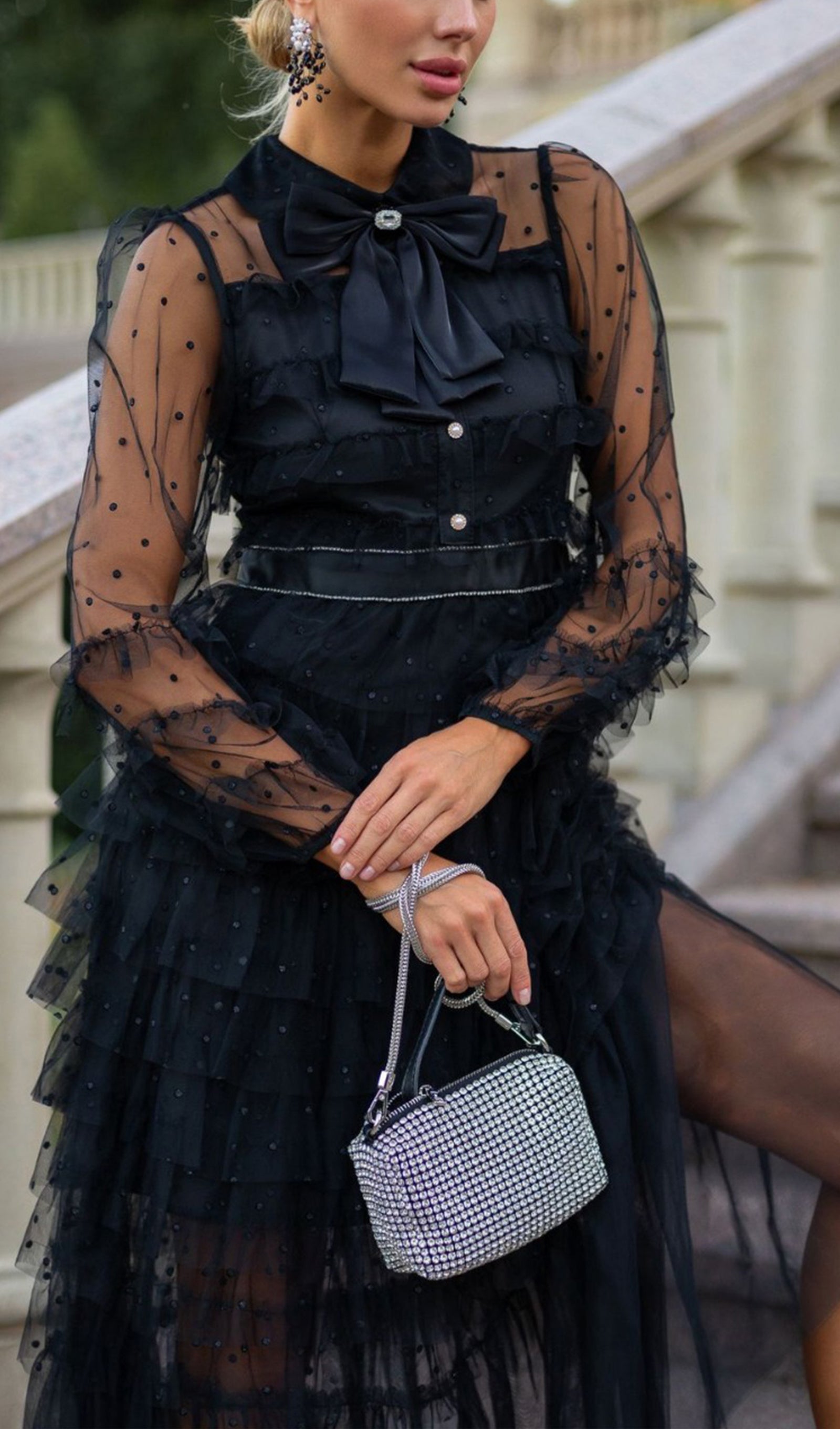 Long Sleeve Ruffle Rhinestone Mesh Maxi Dress