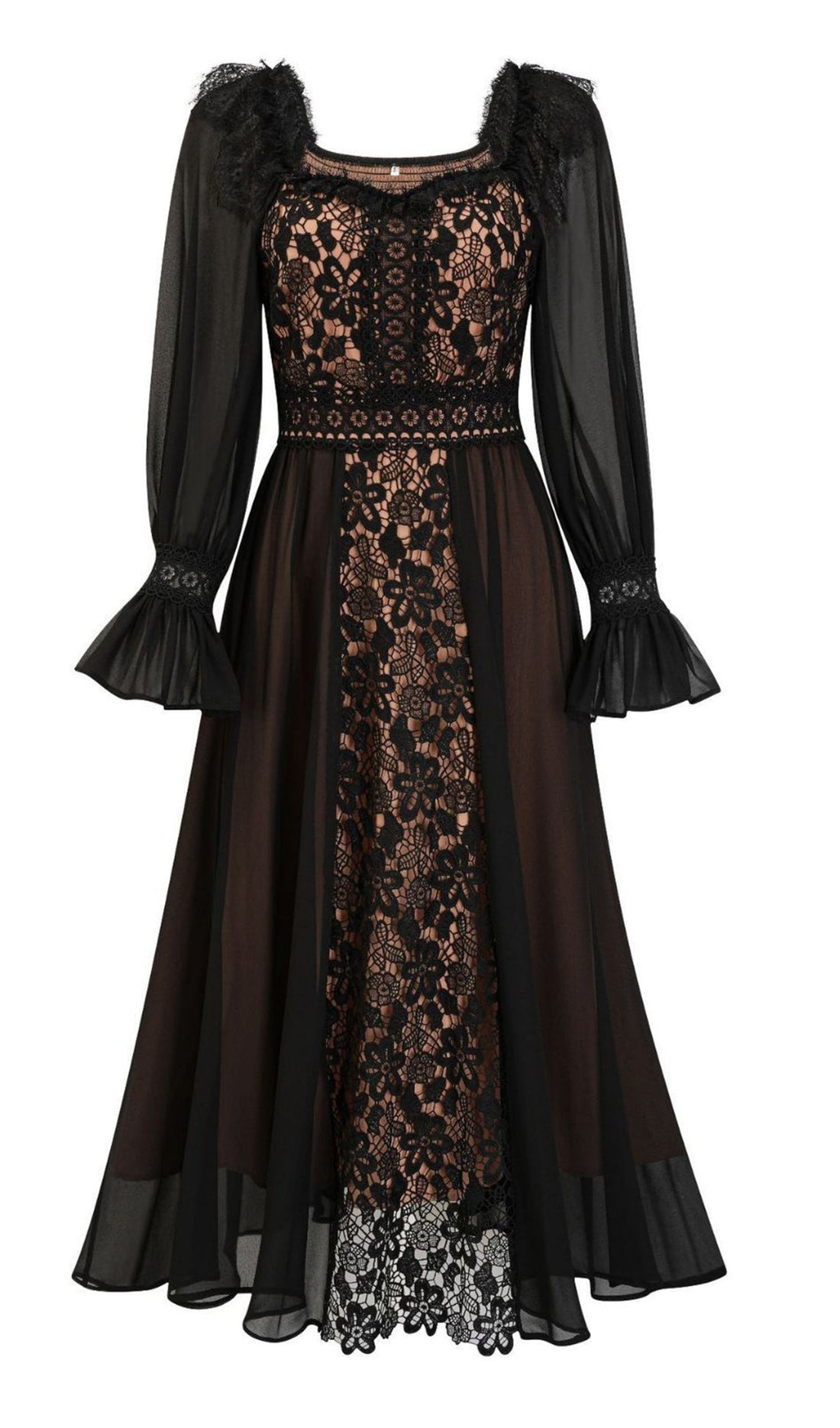 Langärmeliges, figurbetontes Maxikleid mit Blumenmuster und ausgestelltem Rock aus Spitze