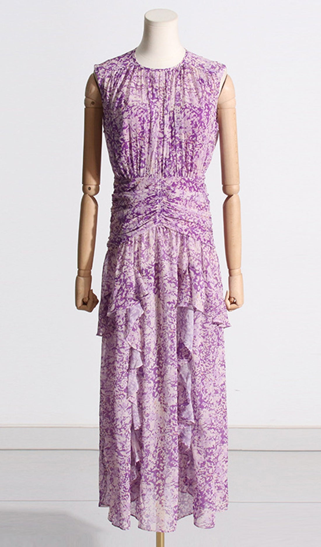 Ärmelloses Maxikleid mit Blumenmuster und Raffungen