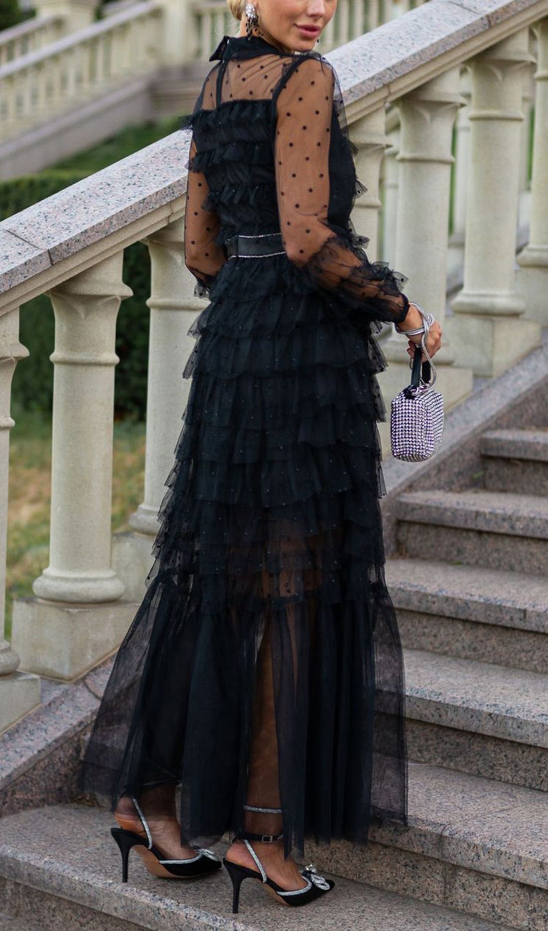 Maxikleid mit langen Ärmeln, Rüschen und Strass-Mesh