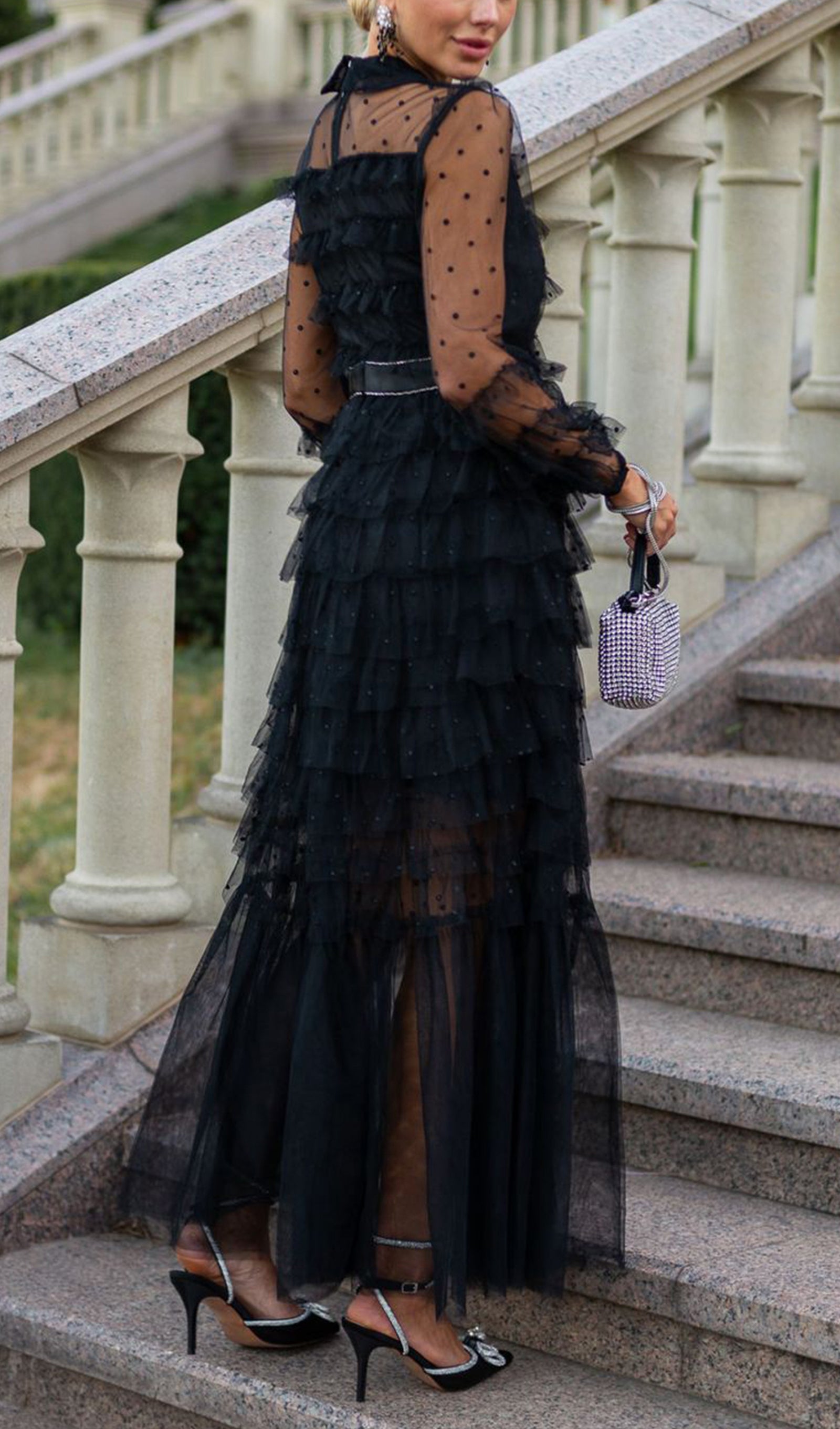 Long Sleeve Ruffle Rhinestone Mesh Maxi Dress