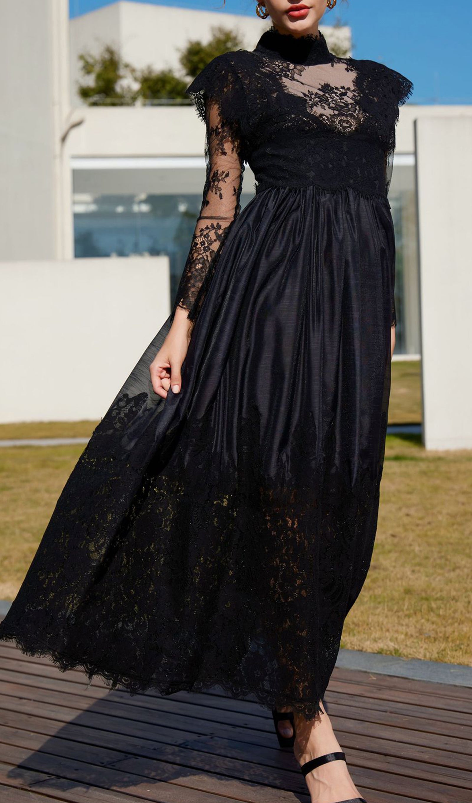 Long Sleeve Lace Fitted and Flare Midi Dress Black