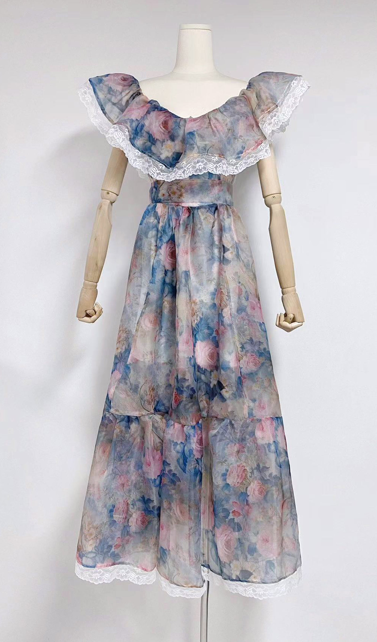 Floral Ruffled V-Neck Fitted and Flare Maxi Dress