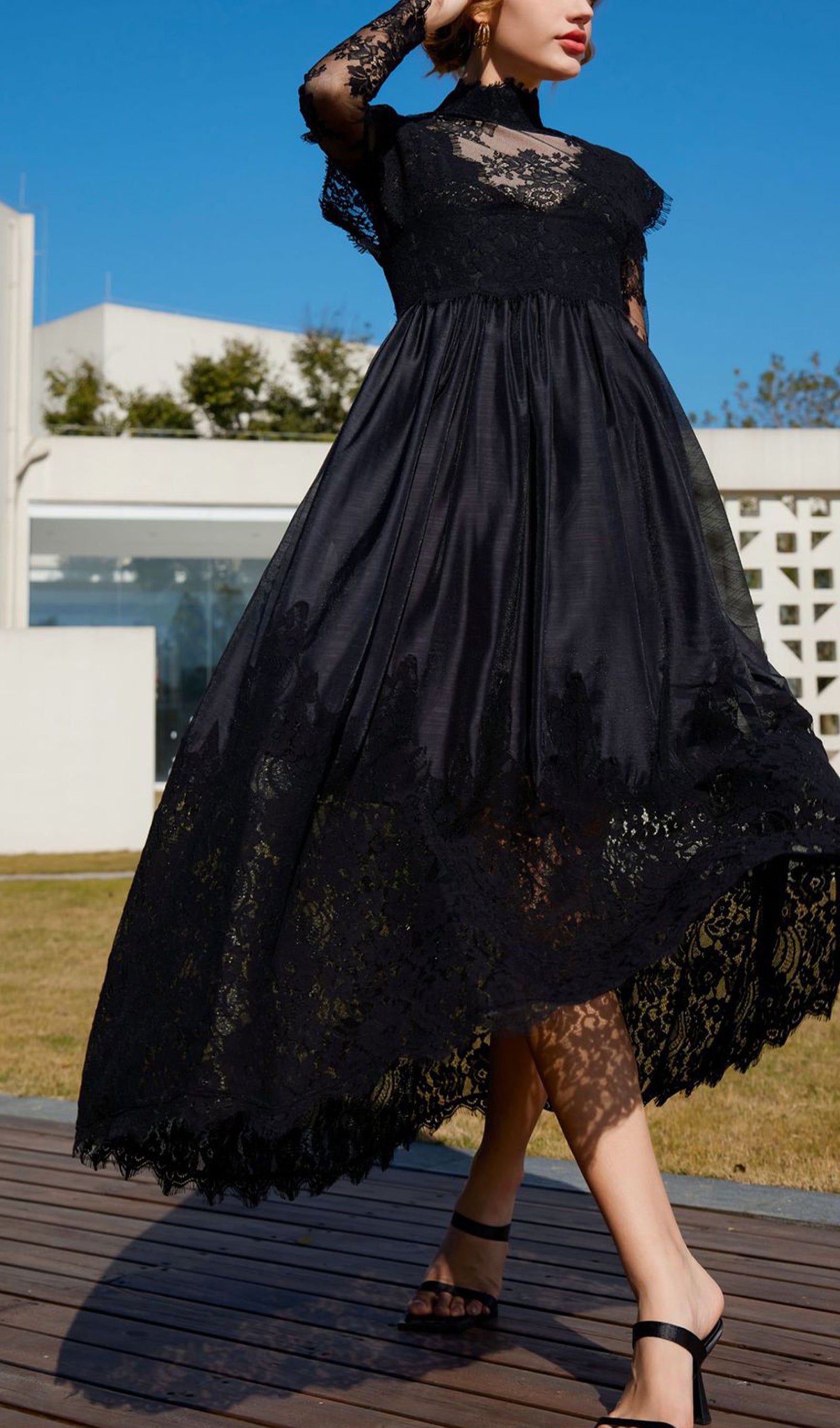 Long Sleeve Lace Fitted and Flare Midi Dress Black