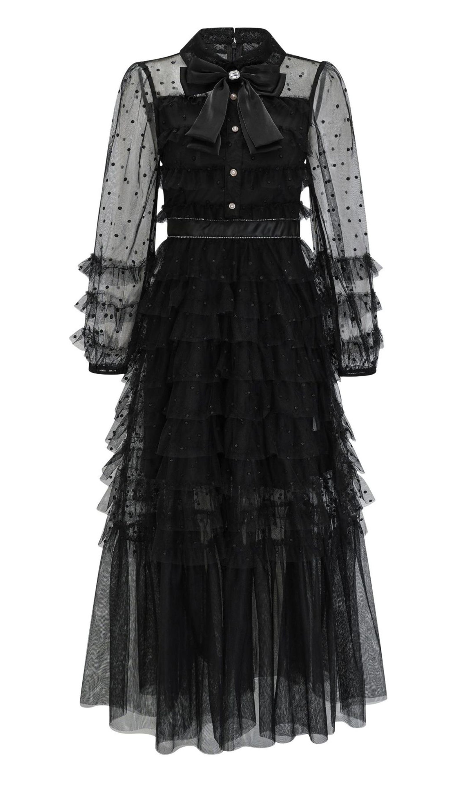Long Sleeve Ruffle Rhinestone Mesh Maxi Dress