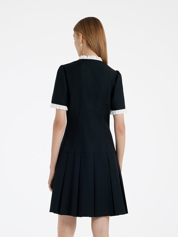 Women's Black Mini Sport Dress with Ruffle Trim and Pearl Buttons 