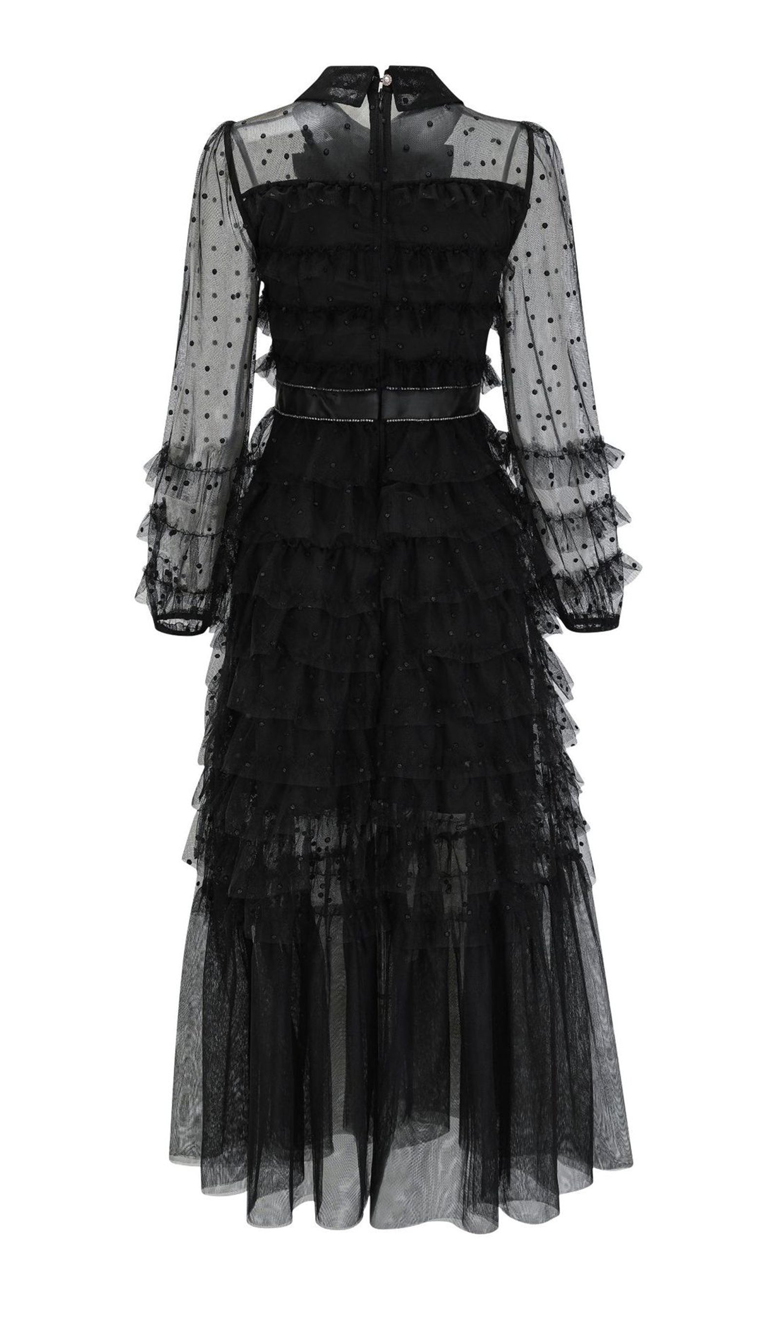 Long Sleeve Ruffle Rhinestone Mesh Maxi Dress