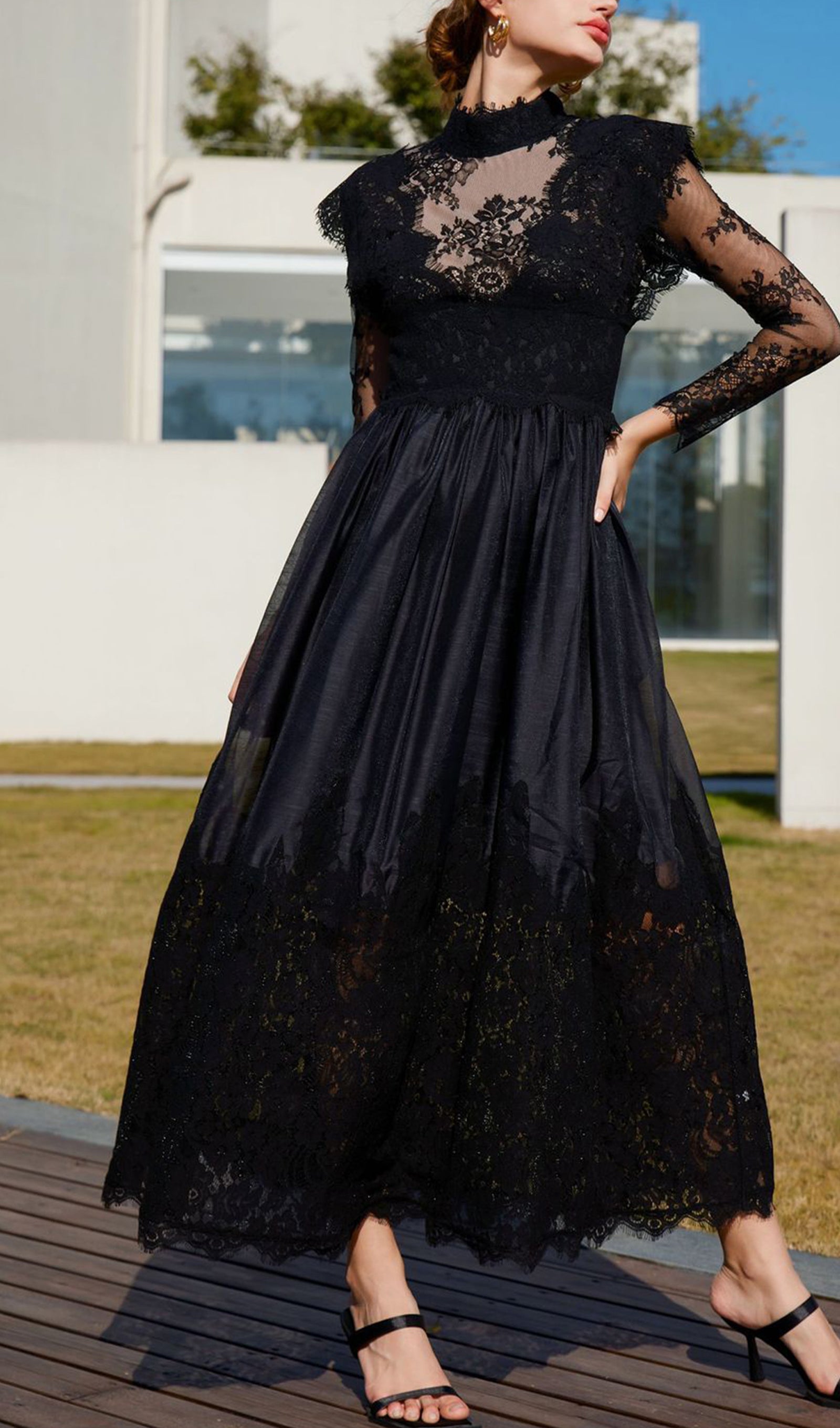 Long Sleeve Lace Fitted and Flare Midi Dress Black