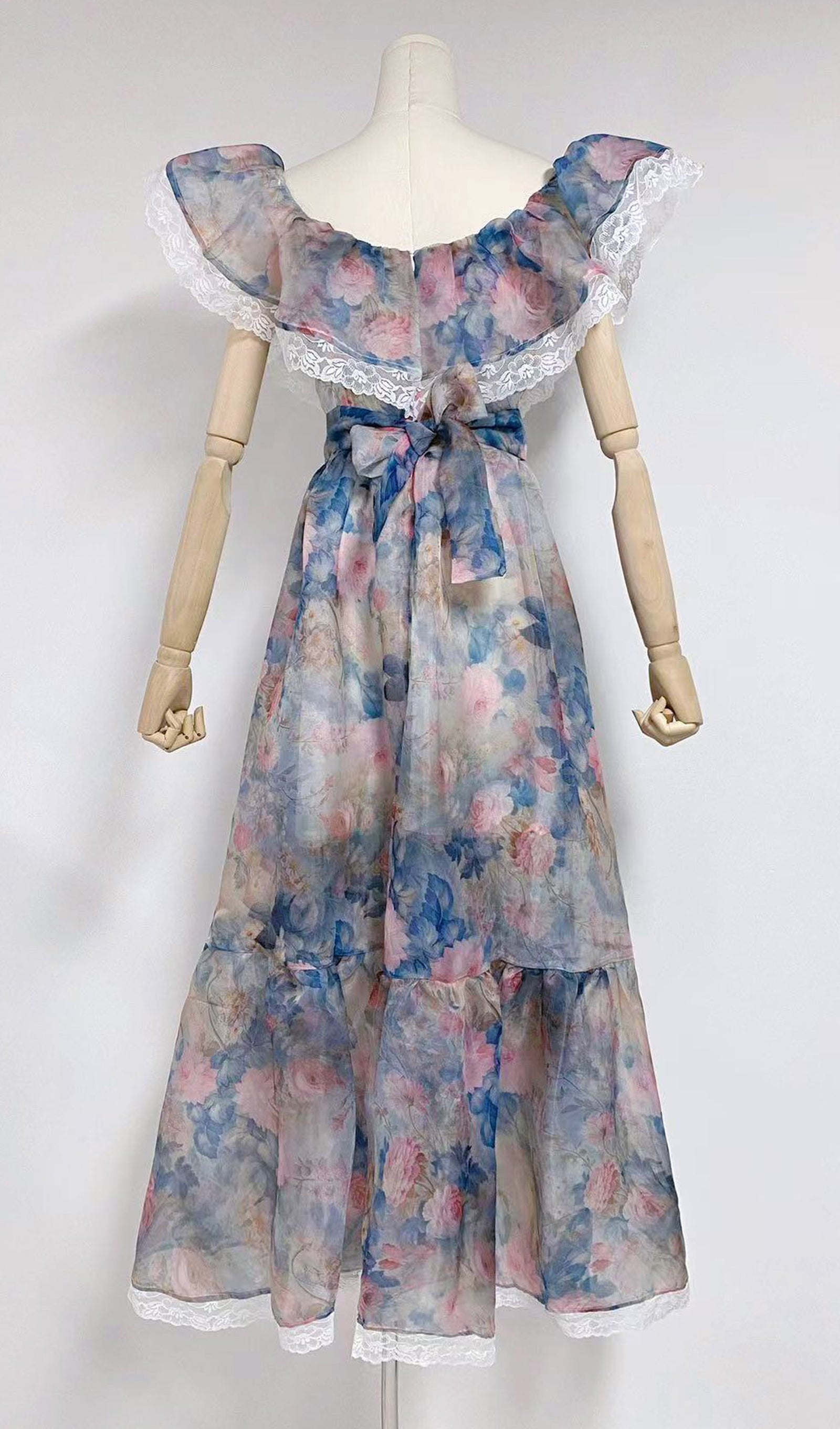 Floral Ruffled V-Neck Fitted and Flare Maxi Dress