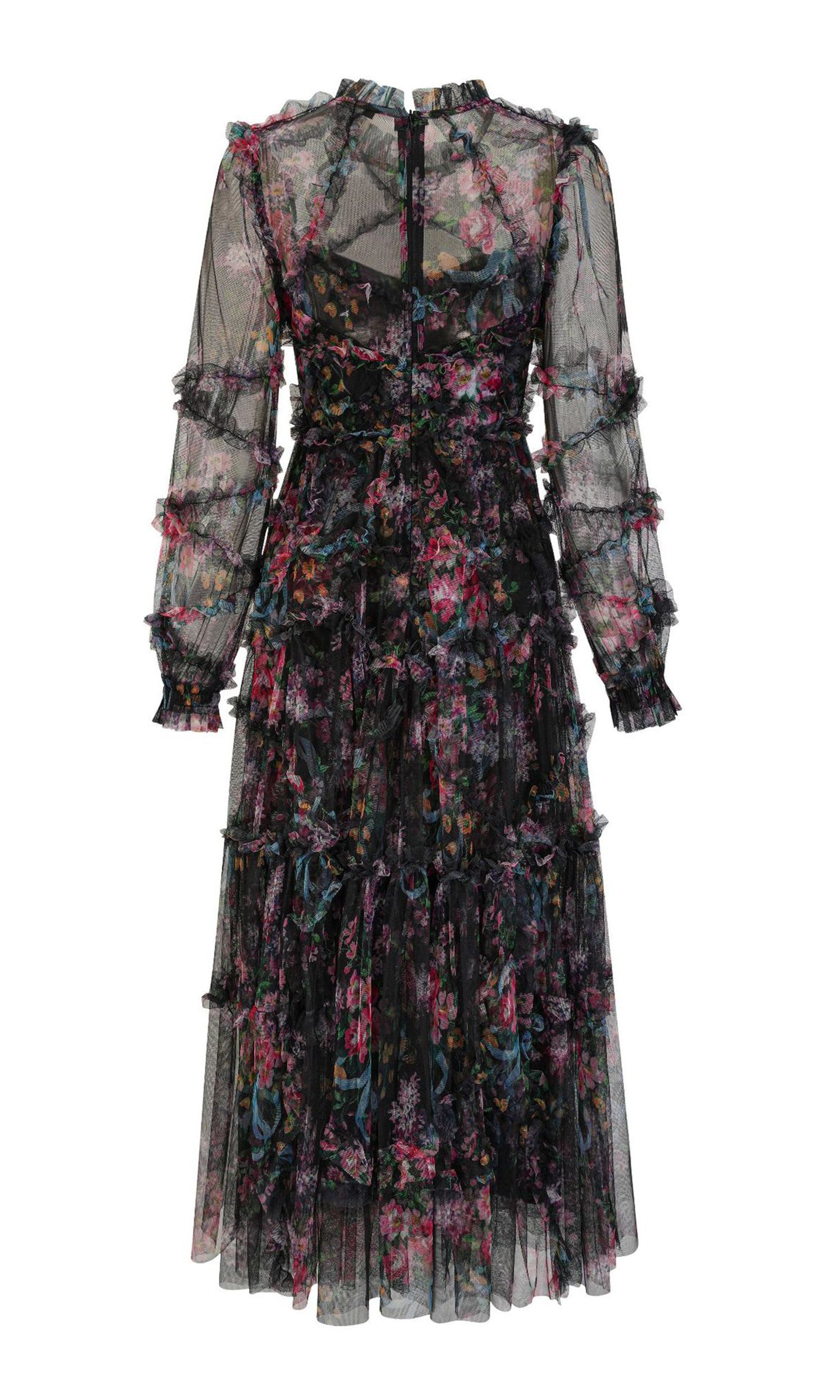 Langärmeliges, geblümtes, gestricktes Rüschen-Midikleid
