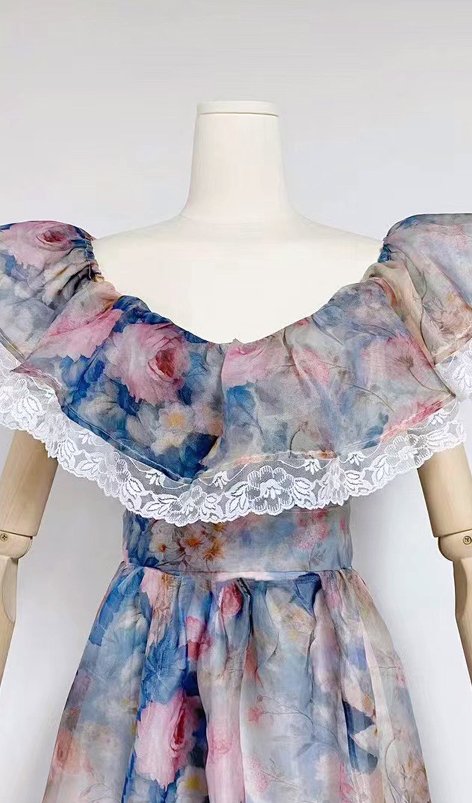 Floral Ruffled V-Neck Fitted and Flare Maxi Dress