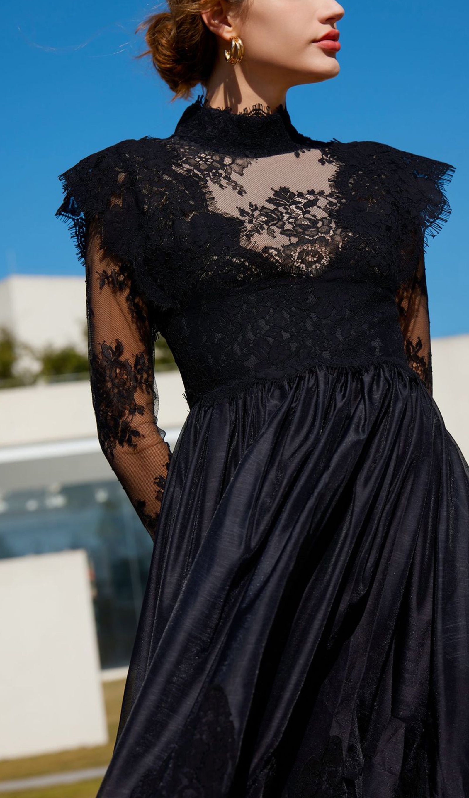 Long Sleeve Lace Fitted and Flare Midi Dress Black